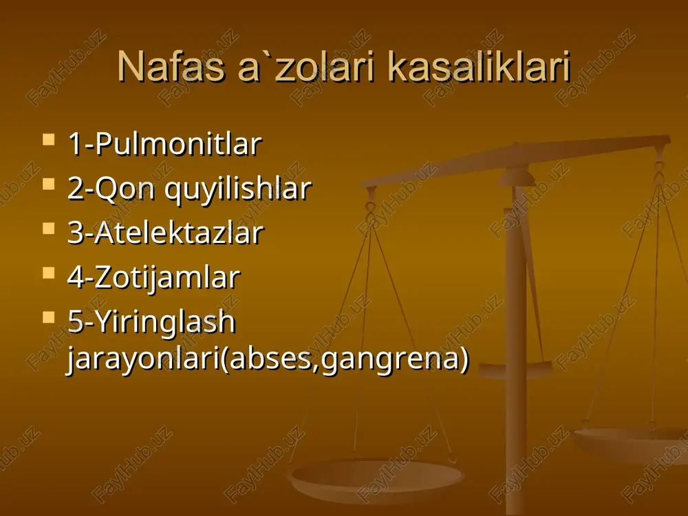 anday o`tishiga bog`liq.agar perikard suv yig`ilishi bilan kechsa,yurak kattalashadi,barmoqlar bilan yurak soxasiga urib ko`rilgnda bo`g`iq maydon kattalashgani seziladi.perikardit quruq kechayotgan bo`lsa,yurakda perikard ishqalanishi shivqini eshitilishi mumkin.perikard uzoq davom etadi,bazan perikardning ko`ks oralig`iga uopishib qolganini ko`rish mumkin. yaradorlarda jaroxatlanishdan so`ng tez orada reflektor ravishda siydik tutilishi mumkin,1-2kun o`tgach sitdik chiqarish faoliyati asl xolatiga keladi. jaroxat infeksiyasi zamirida ko`p xollarda yuqumli toksik nefropatiya kuzatiladi,u jaroxatlanshning dastlabki kunlaridayoq boshlanib buyrakdagi kichik o`zgarishlar (siydikda bitta yarimta gialinni va donachali silindrlar biroz,oqsil paydo bo`lishi) bilan ifodalanadi.kasallik bir oycha davom etadi va jaroxatdagi yuqumli asorat ketishi bilan buyrak faoliyati tikanadi. nefritlar-odatda jaroxatlanishdan so`ng ancha vaqt o`tgach kuzatiladi.kasallikning dastlabki kunlarida bemor ishib ketadi,qon bosimi ko` tariladi(sistolik bosim 200 mm s.u.diastolik bosimi 100-120 mm.s.u.).siydik tarkibida oqsillar qon xujayralari, ko`plab gialinni silindrlari,donachali silindrlar uchraydi.bazan buyrak yetishmovchiligi(uremiya) bemor o`limiga sabab bo`ladi. nefrozlar kamroq (buyrak kasalliklaring 6.4%) uchraydi,u ko`proq yiringli osteomielit bilan og`rigan yaradorlada kuzatiladi.bemorda turli darajadagi shishlar paydo bo`ladi.siydik tarkibida …