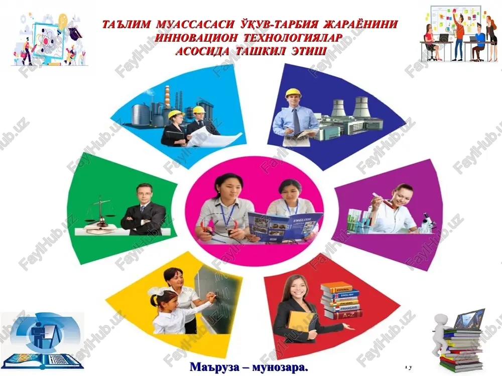 ta'lim muassasalarida o'quv faoliyatini tashkil etishning asosiy jamoaviy shakli innovatsiya pedagogik innovatika pedagogik innovatsiya pedagogik texnologiya o'quv-tarbiya jarayonini kafolatli natijaga yo'naltirish ta'lim muassasasi o'quv-tarbiya jarayonini innovatsion texnologiyalar asosida tashkil etish (arab. o'rgatish, o'qitish, ilm berish, ma'lumot. bilim berish, malaka va ko'nikmalar hosil qilish jarayoni o'qitish jarayonida egallangan bilim, ko'nikma va malakalarning tizimi, fikrlash usuli; maxsus tashkil etilgan jarayon orqali egallangan bilimlar majmui sistema priobretennix v protsesse obucheniya znaniy, umeniy i navikov, sposob mishleniya; sovokupnost znaniy poluchennix spetsialnim obucheniem o'quv jarayonining samaradorligini oshirishga yo'naltirilgan pedagogik texnologiyalar va o'qitish metodlari “venna diagrammasi”, “t-chizma”, “organayzer” “keys-stadi”, “insert”, “bumerang”, “zinama-zina” “3 x 4” “swot-tahlil”, “muammo”, “rezyume”, “score”, “scamper» “assessment”, “tushunchalar tahlili” “chaynvord”, “blits-so'rov”, “blits-o'yin”, “blok-so'rov” “charxpalak” “esse”, “idrok xaritasi”, “klaster” “kollaj” “ariz – triz” “aqliy hujum”, “sinkveyn”, “bilaman, bilib oldim, bilmoqchiman” (bbb) “f s m u” pinbord texnikasi diagramma “kak?”, “pochemu?” davra suhbati * tuzuvchi: r.ishmuhamedov * * * tuzuvchi: r.ishmuhamedov rahbarlik amal kursisi …