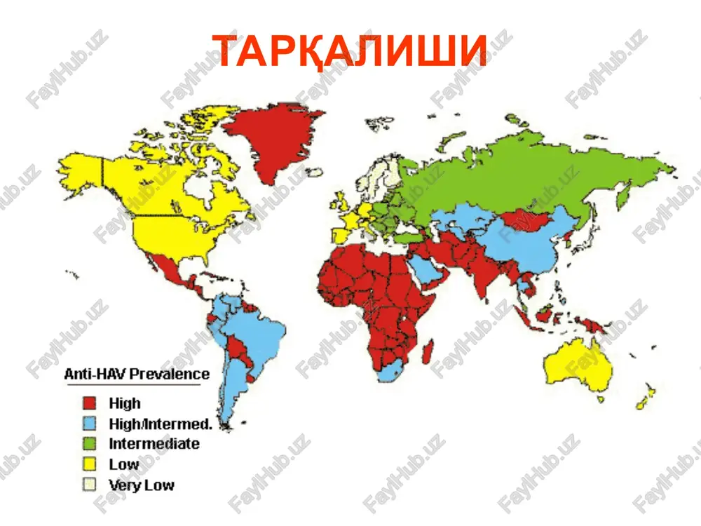 larning yoshi kasallik boshlanishidan 7-50 kun ichida bemor bilan muloqotda bo'lish kasallikning o'tkir boshlanishi prodromaning davomiy emasligi sariqlik paydo bo'lishi bilan axvolining yaxshilanishi giperfermentemiya, ritis indeksining 1dan kam bulishi timol sinamasining yuqori ko'rsatkichi virusli gepatit a markerlari differentsial (solishtirma) tashxis gripp va boshqa orvi oti (pti) o'tkir gastroenteritlar boshqa etiologiyali (v, s, e) virusli gepatitlar. gepatit bilan kechuvchi yuqumli kasalliklar – leptospiroz, inf.mononukleoz, iersineoz jilber sindromi davolash yotoq tartibi parxez, stol №5 ko'p suyuqlik ichish meva va sabzavotlar o'rta og'ir shakllarida – infuzion dezintoksikatsion terapiya 1-1,5 oy davomida to'liq tuzalish. qoldiq belgilar – postgepatit gepatomegaliya, cho'zilgan rekonvalestsentsiya, o't yo'llari diskineziyasi jilber sindromi surunkali jarayonga o'tmaydi 1-3 davomida kiz poliklinikasida dispanser nazorati vga ning oqibatlari profilaktikasi maxsus – vaktsina havrix, muloqotda bo'lganlarga immunoglobulinoprofilaktika nospetsifik – sanitar-gigienik chora tadbirlar, erta diagnostika va kasallanganlarni izolyatsiya qilish, muloqotda bo'lgan shaxslarni kuzatish virusli gepatit e fekal –oral mexanizm orqali yuqadigan gepatit bo'lib, gepatit a dan …