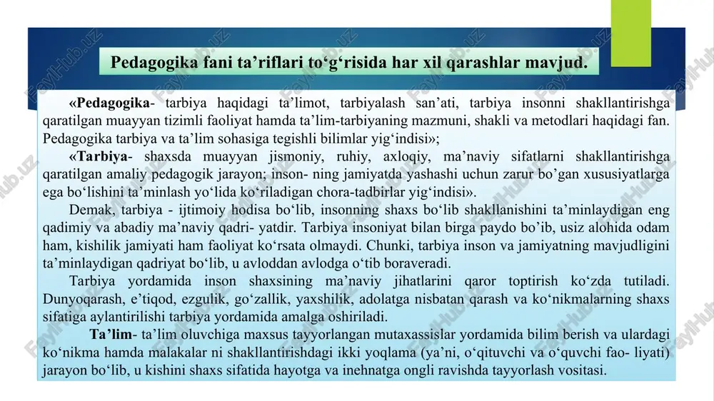 qa sohalarga ma’lumot berish vazifasini ham bajaradi. 0‘qitish tushunchasi insonlar orasida yashash, hayotda turmush kechirish va faoliyat ko‘rsatish uchun zarur bo‘lgan bilim, ko‘nikma va malakalar yig‘indisini o‘zlashtirishga qaratilgan ongli faoliyat ifodasidir. 0‘qitish natijasida shaxs zaruriy bilimlar bilan ta’minlanib, kelgusida turli darajadagi maxsus ma’lumotni olish imkoniga ega bo‘ladi. ma’lumot- ta’lim-tarbiya natijasida olingan va tizimlashtirilgan bilim, hosil qilingan ko‘nikma va malakalar hamda tarkib topgan dunyoqarashlar majmuyi. bilimlar-odamlarning ijtimoiy-tarixiy amaliyot jarayonida to'plangan va umumlashgan tajribasi. ilmiy bilimlar obyektiv olamni ancha to‘g‘ri aks ettiradi. ilmiy bilimlar doimiy emas, ular hammasi o‘zgarib, tako’illashib boradi. bilimlar asosida o‘quvchilarning kuzatuvchanlik, tafakkur, xotira singari bilish qobiliyatlari rivojlanadi, ularda e’tiqod hosil bo'ladi, ilmiy dunyoqarashni shakllantiruvchi g'oyalar tizimi tarkib topadi. 1-topshiriq. quyida keltirilgan chizmalar bilan tarnishing va qaysi grafik organayzerni qo’llashga muvofiq kelishiga qarab amalda bajarib ko’rsating. “yagona pedagogik jarayon” tushunchasi tavsifi yagona pedagogik jarayonning tuzilishi va tarkibiy qismlari yagona pedagogik jarayonning qonuniyatlari yagona pedagogik jarayonning tamoyillari ko’plab jarayon-larning ichki …