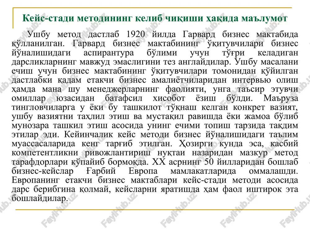 rioya etishni. keys-topshirig'ini bajarish jarayonida qo'llaniladigan strategiyalar intsident (axborotni qidirish) ma'lumotlarni tahlil etish (ishbop korresponden-tsiya) o'yin tarzida loyihalash vaziyatli-rolli o'yin munozara swot tahlil * tuzuvchi: ishmuxamedov r.j. * tuzuvchi: ishmuhamedov r.j 3. g'oyalar yig'ish va muammoning echimini izlash (kichik guruhlarda) 2. asosiy muammoni (o'quv muammosini) ajratib olish va o'rganish (individual va kichik guruhlarda) 1. keys bilan tanishuv (individual) 4. keys echimi uchun taklif etilgan g'oyalarni taqdimoti, tahlil va baholash (o'qituvchi va kichik guruhlar) 5. keys echimi va tavsiyalar (o'qituvchi, kichik guruhlar va individual) keys-metodini amalga oshirish bosqichlari: keys * * bosqichlari 1. aniq vaziyat bilan tanishuv 2. izlanishga doir: topshiriq mate-riallarida ifoda etilgan axborotni baholash 3. muhokama etish: muqobil echim-larning imkoniyatlarini muhokama qilish. 4. qaror qabul qilish: guruhlarda echimni izlab topish. 5. munozara: har bir guruh o'z echimini himoya qiladi. 6. natijalarni taqqoslash: guruh-larda qabul qilingan echimlarni taqqoslash. bosqichning maqsadi 1. muammoli vaziyatni tushunish 2. echim uchun zarur axborotni topishga …