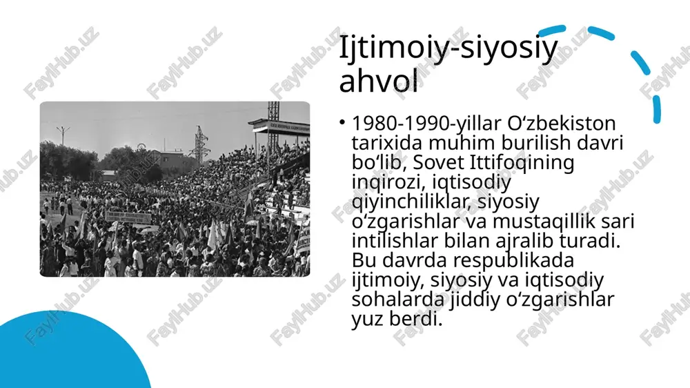 yta qurishning dastlabki davrlarida asosiy ye’tibor mamlakat iqtisodiyotini rivojlantirishga yo’naltirildi. biroq bunday jarayonning rivoji ijtimoiy munosabatlarni takomillashtirishni talab qildi. shuning uchun 1986 yilda qayta qu rish va ijtimoiy munosabatlar masalasiga alohida ye’tibor berild jamiyatni demokratlashtirish yo‘lidagi harakatlar bunday siyosatning markazida yesa jamiyatni demokratlashtirish, ma’muriy – buyruqbozlik va byurokratizmga, qonunsizlikka qarshi kurash turar yedi. natijada jamiyat ijtimoiy – siyosiy, iqtisodiy, madaniy hayotida ma’lum o’zgarishlar ro’ybera boshladi, kishilarning ijtimoiy faolligi oshdi, demokratiya sari qadam tashlandi, milliy o’zlikni anglash jarayoni yuz berdi. ammo tub o’zgarishlarni, barcha sohalarda haqiqiy islohotlarni amalga oshirish yo’lidagi urinishlar muvaffaqiyat qozonmadi. 1986 yildan boshlab mamlakat iqtisodiy ahvoli battar yomonlasha boshladi, 1987 yil yanvaridan ishlab chiqarish sur’atlari keskin pasaya bordi, iqtisodiyotda inqirozli holat yuzaga keldi. qayta qurishning birinchi bosqichi shu tarzda mag‘lubiyat bilan yakun topdi. qayta qurishning ikkinchi bosqichi 1987 – 1990 yillar yesa qayta qurishning ikkinchi bosqichi bo’lib, yenlikda jamiyatning barcha jabhalarini kompleks tarzda isloh qilishni kun tartibiga qo’ydi. …