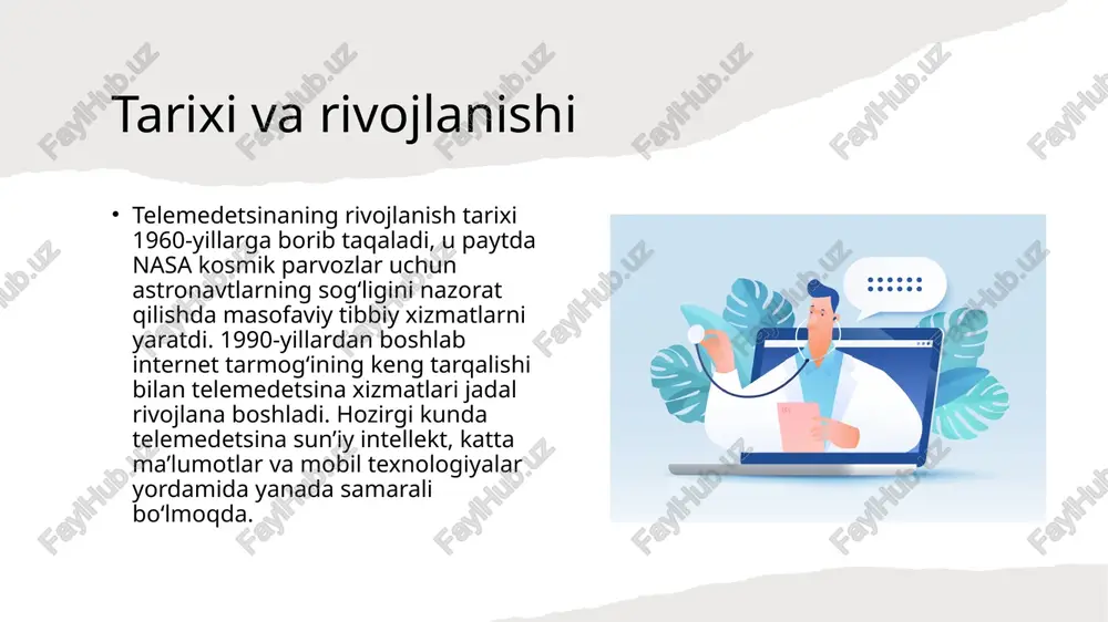emedetsina xizmatlari rivojlanmoqda, jumladan, tibbiy klinikalarda video konsultatsiyalar va onlayn monitoring. xulosa telemedetsina zamonaviy sog‘liqni saqlash tizimining ajralmas qismi bo‘lib, tibbiy xizmatlarni yanada qulay va kengroq qiladi. u uzoq hududlardagi aholiga sifatli tibbiy yordam ko‘rsatishda muhim rol o‘ynaydi. biroq texnologik va qonuniy muammolarni hal qilish zarur. e'tiboringiz uchun rahmat !!! image1.jpeg image2.jpeg image3.jpeg image4.jpeg image5.jpeg image6.jpeg image7.jpeg image8.jpeg image9.jpeg image10.jpeg image11.jpeg image12.jpeg image13.jpeg image14.jpeg image15.png image16.jpeg image17.jpeg image18.jpeg image19.png x-default /docprops/thumbnail.jpeg