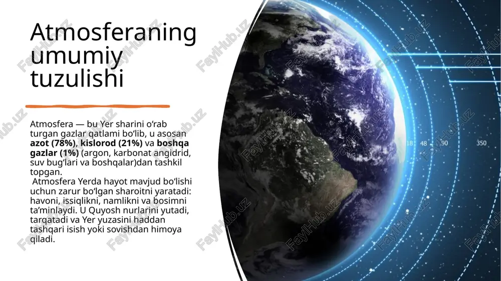 chun eng muhim qavat. o‘simliklar va hayvonlar yashashi, suv aylanishi shu yerda sodir bo‘ladi. 2. stratosfera ozon qatlami quyoshning zararli ultrabinafsha nurlarini yutib, tirik organizmlarni himoya qiladi. stratosferadagi barqaror havo qatlamlari samolyotlarning xavfsiz uchishiga imkon beradi. atmosfera qavatlarining yeriqlimi va hayot uchun ahamiyati. 3. mezosfera yerga kelayotgan meteorlarni yo‘q qiladi — ya’ni yer sirtini kosmik jismlardan himoya qiladi. atmosferaning umumiy harorat muvozanatini saqlashda ishtirok etadi. 4. termosfera quyoshdan kelayotgan kuchli nurlanish va zarralarni yutadi, shu orqali pastkiqavatlarni himoya qiladi. ionosfera radio to‘lqinlarni qaytaradi, bu aloqa va navigatsiya tizimlari uchun juda muhim. aurora (qutb yog‘dulari) shu qavatda paydo bo‘ladi — bu atmosferaning elektr faoliyatini ko‘rsatadi. atmosfera qavatlarining yeri iqlimi va hayot uchun ahamiyati ekzosfera atmosferaning eng tashqi himoya qavati, kosmos bilan o‘tish hududi. sun’iy yo‘ldoshlar va kosmik stansiyalar shu sohada harakatlanadi. yerning tortishish kuchi ta’sirida gazlarning yo‘qolib ketmasligini ta’minlaydi. xulosa: atmosfera — bu yer hayotining himoya qalqoni. u nafaqat kislorod manbai, …