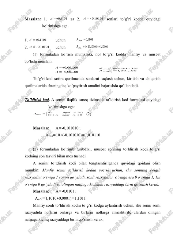 . 3. axborot hajmi va uning o`lchov birliklari sakkizta 0 va 1 larning ketam-ketligi bir bayt deyiladi. demaq har bir belgi bayt 8 bitga barobar. berilgan ma‘lumotdagi belgilar sonini sanab, ma‘lumotning axborot xajmi tushunchasini kiritish mumkin. masalan, “informatika va axborot texnologiyalari fani” degan ma‘lumotning axborot xajmi 43 ta baytdan iborat. bit va bayt bilan birga ulardan kattaroq axborotning quyidagi o’lchov birliklari ham mavjud: 1 qilobayt = 2 10 bayt = 1024 bayt ≈ ming bayt 1 megobayt = 2 20 bayt = 1024 x 1024 bayt ≈ million baytdan ko’proq 1 gigobayt = 2 30 bayt= 1024 x1024x1024bayt ≈ milliard baytdan ko’proq. xulosa axborot — qabul qiluvchi uchun noaniqlikni kamaytiradigan va qarorni yaxshilaydigan mazmunli ma’lumotdir. uni to‘g‘ri talqin qilish, miqdoriy baholash va sifatini boshqarish raqamli davrda har bir soha uchun hal qiluvchi ahamiyatga ega. miqdoriy o‘lchash: • hartley modeli: h = log₂(n) (teng ehtimolli holatlar). • shennon entropiyasi: h = …
