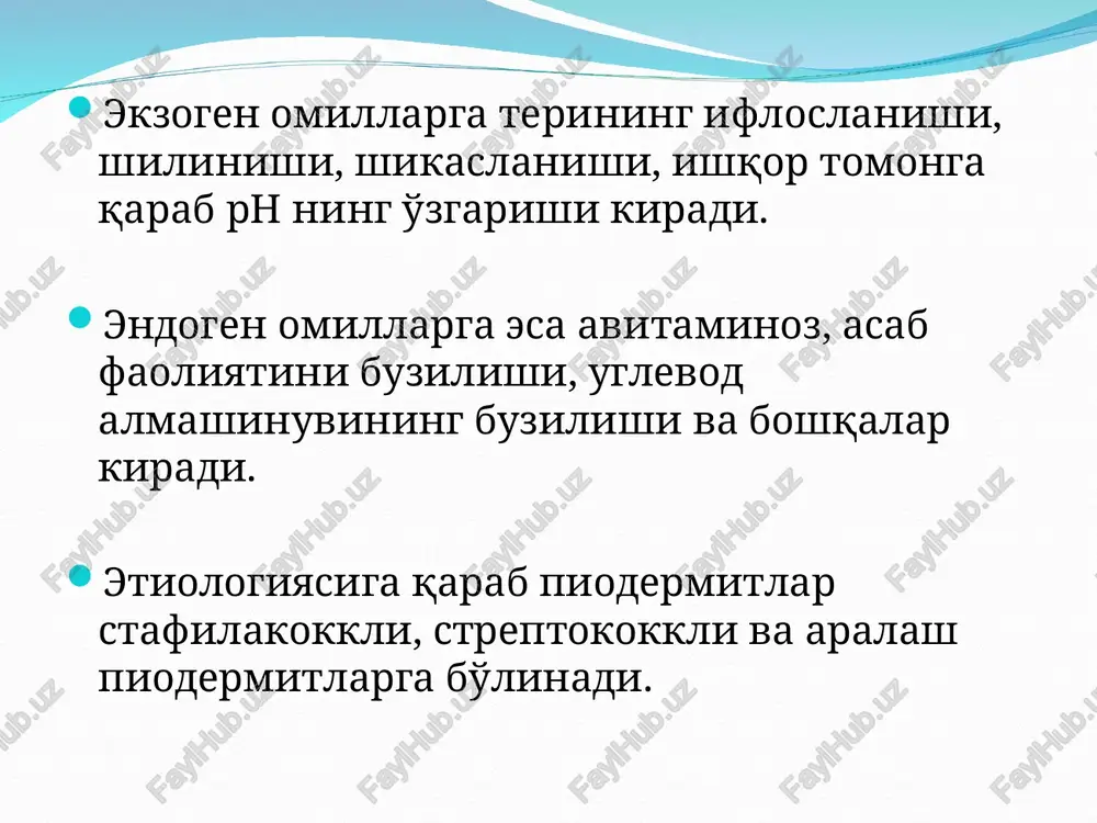 chrovchi soch qopchasi va yog' bezlarining surunkali yiringli yallig'lanishidir. kasallik ko'proq balog'at yoshida rivojlanadi. etiologiyasi. aniq emas, kasallik olib keluvchi bir qator omillar mavjud: genetik omillar gormonlar disfunktsiyasi yog' bezlari faoliyatini buzilishi mikroorganizmlarni jadal ko'payishi yog' bezlari chiqaruv naychalarini tiqilib qolishi klinikasi: terining seboreyali soxalarida (betda, bo'yinda, ko'krak soxasida, elka kamarida) yog'li terida follikulyar yiringchalar vujudga keladi, asosi va atrofi infiltratsiyalangan bo'ladi. kamedonlar kuzatiladi. husnbuzarlar rivojlanish bosqichida eritematoz , papulyoz va pustulyoz davrlar kuzatiladi. husnbuzarlarni asoratlangan turi: abstsesslashgan konglobatli husnbuzarlar farqlanadi. pushti rang husnbuzar pushti rang husnbuzarda bemorning bet terisida, diffuz eritema fonida ko'pincha papula, teleangioektaziyalar kuzatiladi. dunyo axolisini 1% kasallanib, ko'proq ayollarda uchraydi. erkaklarda bu kasallikni og'ir asorati –rinofima uchraydi. klinikasi: jarayon peshona soxasidan boshlanib, yonoqlar, burun, iyak –dahan soxalarida tarqaladi. bu soxalarda diffuz, qizg'ish –ko'kimtir eritema kuzatiladi.