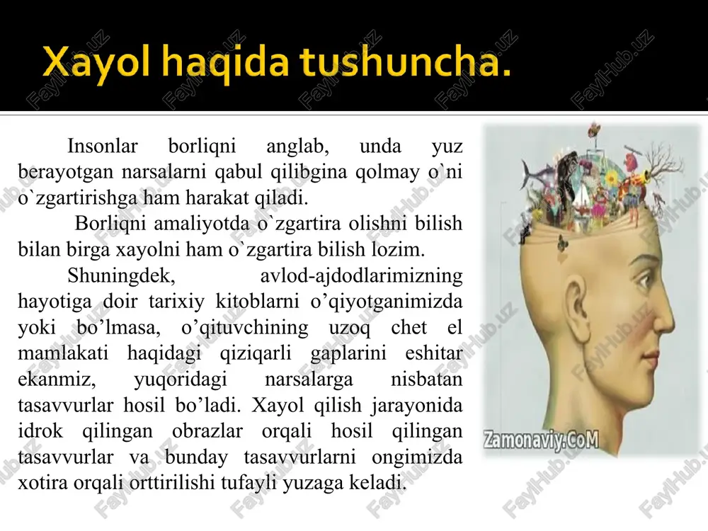hda yuzaga keladigan assosiasiyalardan iborat bo’ladi. xayol qilish jarayoni hamisha nutq orqali amalga oshirilishi tufayli nutqning nerv-fiziologik asosida ikkinchi signallar tizimining faoliyati ham faol qatnashadi. bundan tashqari xayol qilish jarayonida diqqat, xotira, tafakkur va iroda jarayonlari ham ishtirok qiladi. ana shu nuqtai nazardan olganda xayolning (xususan ijodiy xayolning) nerv fiziologik mexanizmlarni to’la tushuntirib berish uchun yetarli ilmiy ma'lumotlar yo’q. hozirgi kunda fan va texnikaning juda tez temp bilan rivojlanishi ijodiy xayol jarayonining oldiga katta vazifalar qo’ymoqda. masalan, kosmik fazoni zabt etish, insonning oyga chiqishi, murakkab aqlli mashinalarning yaratilishi va shu kabilar inson tafakkuri hamda ijodiy xayolning yuksak taraqqyoti natijasida qo’lga kiritilmoqda. xayol jarayonlari analitik giperbolizatsiya aktsentirovka sxemalashtirish sintetik agglyutinatsiya tizimlashtirish qiyoslash agglyutinasiya “yelimlash" degan ma'noni bildirib, unda turli qismlarni bitta qilib yangi obraz yaratiladi. masalan: yalmog’iz kampir, suv parisi, kentavr, sfinks obrazlari va boshqalar. giperbolizasiya - obrazlarni kattalashtirish yoki kichiklashtirish shuningdek, alohida qismlarni o’zgartirishdir. masalan: gulliver, liliput, alpomish, rustam pahlavon …