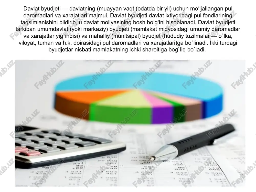 hkent sh. (mahalliy byudjetlarini birlashti-radi. o`zbekistonning birinchi davlat byudjeti 1924—25-yillarda tuzilgan bo`lib, uning hajmi 3,64 mln. soʻmni tashkil etgan edi. o`zbekistonda yangi boshlanayotgan yil uchun davlat byudjeti yil yakuni (dek. oyining oxiri)da o`zr oliy majlisi sessiyasida tasdiqlanadi va qabul qilingan davlat byudjeti qonun kuchiga ega bo`ladi hamda amaliyotga joriy etiladi. o`zbekiston mustaqillikka erishgandan so`ng davlat byudjetining shakllanish xususiyatlari boshqariladigan bozor iqtisodiyotiga o`tish davridagi o`zgarishlar bilan bogliq holda bordi. o`zbekistan respublikasi davlat byudjeti daromadlarining mutlaq ko`pchilik qismi soliklar hisobiga olinmoqda. 1995-yilda o`zbekistonda byudjet kamomadi 3 %, 1996-yilda 3,5 %, 1997-yilda 2,2 %, 2000-yilda yalpi ichki mahsulotning 1 % (32,8 mlrd. soʻm)ga teng bo`ldi. amalda bo`lgan qonunchilikka muvofiq tashkil etiladigan byudjetdan tashqari jamg`armalar (ijtimoiy sug`urta jamg`armasi, ish bilan ta`minlashga ko`maklashish jamg`armasi, kasaba uyushmalari federatsiyasi kengashi jamg`armasi, yo`l jamg`armasi. o`zbekiston respublikasi davlat mul-ki qo`mitasi jamg`armasi, mineral xom ashyo bazasini tak ishlab chiqarish fondi, o`zini o`zi boshqarish mahalliy organlarining maxsus fondlari)ning maqsadli yo`nalishlarini saqlab …