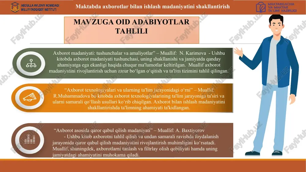 (o‘zbekistonda) amaldagi holat (xorijda) taklif 1 finlandiya kabi axborot bilan ishlashni ta’lim tizimining ajralmas qismi deb bilmasada mamlakatimiz ta’lim tizimiga keng joriy etish boshlangan, kiryativ yondashuv mavjut finlyandiya: finlyandiya ta'lim tizimida o‘qituvchilar axborotlar bilan ishlashni o‘quv dasturining ajralmas qismi sifatida qabul qiladilar. bu yurtning maktablarida o’quvchilar axborotlarga asoslangan muammolarni hal qilish, hamkorlikda ishlash va kreativ fikrlash ko‘nikmalarini rivojlantirish jarayoniga qaratilgan. maktablarda axbarotlardan to‘gri foydalanish konikmasini xosil qilish 2 axborot bilan ishlashda tezkor va ishonchli axborotni izlash, qayta taxlil qilish ko‘nikmasini shakillantirish yaxshi tashkil etilmagan. yaponiya: yaponiya maktablarida axborot madaniyati o‘quvchilarga kommunikatsiya va tezkor fikrlash ko‘nikmalarini dastlabki bosqichdan o‘rgatish orqali shakllantiriladi. axborotni izlash va qayta ishlash uchun alohida darslar o‘tkaziladi, shuningdek, it va raqamli vositalardan samarali foydalanishga alohida e'tibor beriladi. axborot bilan ishlashda tezkor va ishonchli axborotni izlash, qayta taxlil qilish ko‘nikmasini shakillantirish. 3 axborot bilan ishlash madaniyatini rivojlantirish uchun davlat darajasida ko‘plab dasturlar mavjud. maktablarda jurnalistika va media savodxonligi darslari …
