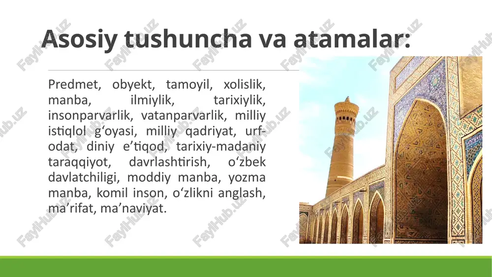 iqiy davomiylik va uzviylik; 4) vorisiylik va izchillik; 5) kuzatish, solishtirish, umumlashtirish; 6)manbalar bilan asoslanganlik; 7) xronologik ketma-ketlik; (yun. xronos – vaqt, logos – fan) – 1) tarixiy voqealarning davriy tadrijiyligi; 2) vaqt o‘lchovi haqidagi fan. tarixiy x. – yordamchi tarix fani; turli xalqlar va davlatlar yil hisobi tizimi va taqvimlarini o‘rganadi, tarixiy voqealar sodir bo‘lgan sanalarni va tarixiy manbalar yaratilgan vaqtni aniqlashga yordam beradi. x. taraqqiyot bosqichlarining vaqtini aniqlash demakdir. xronologiya intellektual salohiyatli komil insonni voyaga etkazishda mamlakat eng yangi tarixining tutgan o‘rni ilmu ma’rifatli, tarbiyali, yuksak ma’naviyatli, dunyoqarashi keng qamrovli barkamol avlodni komil inson qilib tarbiyalash bugungi kundagi dolzarb masalalar sirasiga kiradi. komil inson masalasi ajdodlarimiz tarixiy taraqqiyoti davomida barcha allomalarni o‘ylantirib kelgan masalalardan biridir. u juda ko‘hna va qadimiy tarixga ega bo‘lgan, shu bilan birga yangi hamda o‘ta dolzarb tushunchadir. shu sababdan ham komil inson azal-azaldan xalqimizning ezgu orzusi, millat ma’naviyatining uzviy tarkibiy qismi bo‘lib kelgan. dunyoviy …