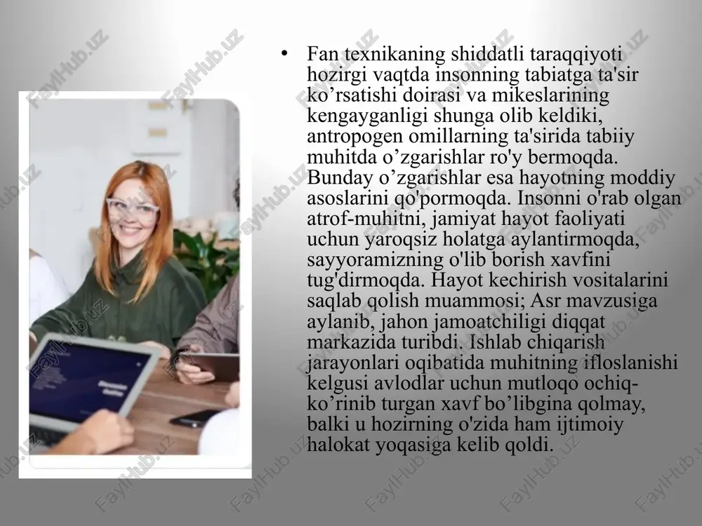 saqlash va takror ishlab chiqarish bo'yicha faoliyatni o'rganishdan iborat. atrof-muhitni muhofaza qilish muammolarini o'rganish tabiiy muhitni saqlash va tiklash, xo'jalik va boshqa faoliyatning atrof-muhitga salbiy ta'sirini oldini olish va uning oqibatlarini bartaraf etishga qaratilgan faoliyatni o'rganishga qaratilgan, shu jumladan atrof-muhitni mahsulotlar, jarayonlarning salbiy ta'siridan himoya qilish; va xizmatlar. insoniyat oldida turgan yangi muammolar bu tabiiy resurslarning tugashi, iqlim o'zgarishi oqibatlarining salbiy ta'siri va ekologik muammolar bilan bog'liq. ular so'nggi o'n yillik inqiroz tendentsiyasining kuchayishi bilan yanada rivojlangan, jumladan iqlim inqirozi, biologik xilma-xillik inqirozi, yoqilg'i, oziq-ovqat, suv, moliyaviy inqiroz va umuman, global xarakterga ega bo'lgan iqtisodiyot inqirozidir. yaqinda prezidentimiz shavkat mirziyoyev koreya respublikasida o‘tkazilgan “yashil o‘sish va global maqsadlar uchun hamkorlik – 2030” (p4g) ikkinchi xalqaro sammitidagi nutq so‘zladi. unda davlatimiz rahbari: “bugungi kunda ona tabiatning o‘zi bizga yo‘llayotgan ogohlik qo‘ng‘irog‘iga beparvo bo‘lmasligimiz kerak. afsuski, iqlim o‘zgarishlari tobora kuchayib bormoqda. biz yashayotgan markaziy osiyoda so‘nggi 30 yilda o‘rtacha yillik harorat taxminan …