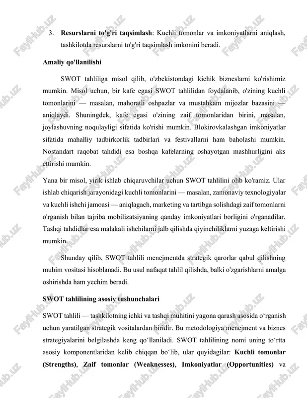 : · ichki resurslar va imkoniyatlar: tashkilotning inson resurslari, texnologik jihozlari, moliyaviy barqarorligi va boshqa resurslari kuchli tomonlar sifatida baholanadi. masalan, malakali kadrlar, tajribali menejerlar, ilg‘or texnologiyalar va innovatsion yechimlar tashkilotning asosiy kuchlarini tashkil etadi. · brend va obro‘: tashkilotning bozordagi taniqligi va mustahkam mijozlar bazasi uning muhim kuchli tomonlaridan biridir. ishonchli brend, innovatsion mahsulotlar va yuqori sifatli xizmatlar mijozlar tomonidan ijobiy qabul qilinadi. · tashkiliy struktura va jarayonlar: samarali tashkiliy struktura, operatsion jarayonlarning yuqori darajada avtomatizatsiyasi va tashkilotning ichki tartib-intizomi ham kuchli tomon sifatida ko‘riladi. · innovatsiyalar va rivojlanish: tashkilotning yangiliklarga ochiqligi, r&d (research and development) bo‘limlarining faoliyati va ilg‘or innovatsion mahsulotlar ishlab chiqarish imkoniyati raqobatchilikda afzalliklarni keltirib chiqaradi. tashkilot uchun ahamiyati: kuchli tomonlar kompaniya yoki tashkilotning muvaffaqiyatli strategiyalarini ishlab chiqishda asosiy nuqtani tashkil qiladi. ular korxonaning ichki salohiyatini to‘liq aks ettiradi va kelgusidagi rivojlanish rejalari, marketing strategiyalarini belgilashda ham muhim rol o‘ynaydi. kuchli tomonlarni aniqlash orqali tashkilot o‘z …