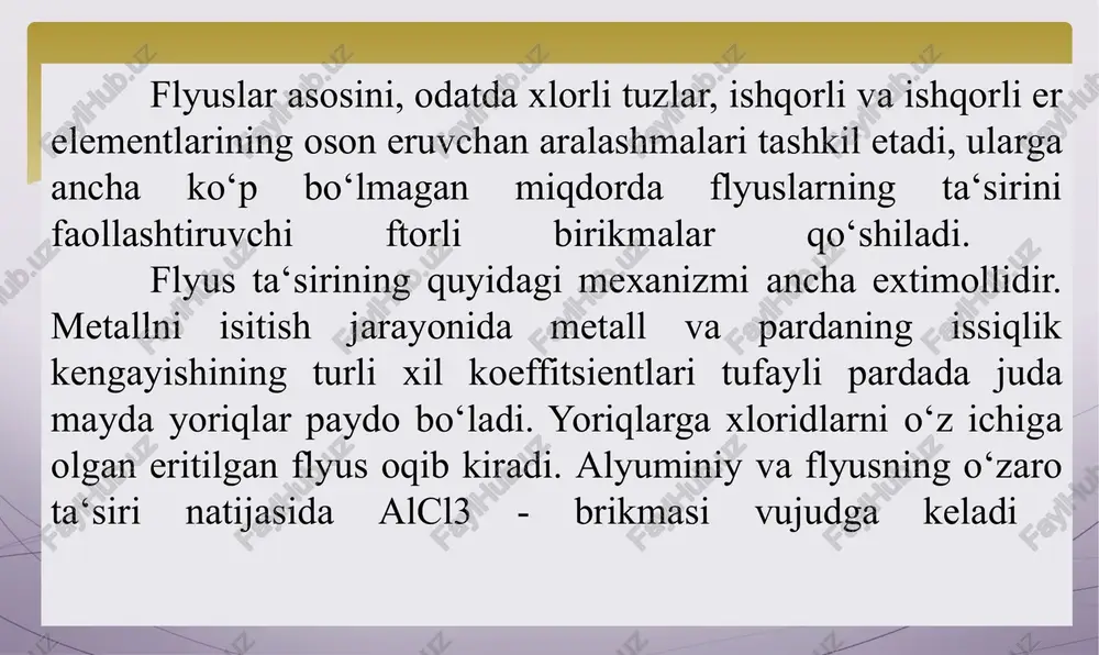 partsial bosimi arzimas darajada kichik. shuning uchun payvand vannasida eruvchi vodorodning asosiy manbai namlikning metall bilan bevosita o‘zaro ta‘sirlashish reaktsiyasi xizmat qiladi: 2al+3h2o=al2o3+6h /docprops/thumbnail.jpeg