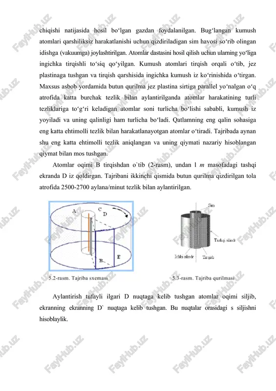 lindrda burchak ostida joylashgan shunday tirqishlar teshishdiki, silindr so tezlik bilan aylanayotganda bu tirqishdan faqat bir xil tezlikli zarralargina o`tgan. shtern tomonidan o`tkazilgan boshqa tajribalarda esa atomlarni ekranda yoyilib tushishi shaffof ekranda o`rganildi, natijada izni nozik optik metodlar bilan o`rganish mumkin bo`ldi. bu tajribalar zarralarni tezliklar bo`yicha maksvell taqsimotiga bo`ysinishini turli aniqliklar bilan tasdiqladi. adabiyotlar: 1. abdullayev a. h, arg`inboyev h.a, abdullayev h.u. agrometeorologiya- t. o`zbekiston milliy ensiklopediyasi davlat ilmiy nashriyoti, 2006-432 b. 2. arg`inboyev x.a. geliotexnikadan o`quv qo`llanma-t.: o`qituvchi, 1974-148 b 3. babushkin l.n. agroklimaticheskoe opisanie srednie aziiyu. trudi tashgu-1964- vip. 236-s 5-185. 4. babushkin l.n. osnovi agrometeorologii v uzbekistane- tashkent, sanigmi- 2004-288 s. 5. baratov p. o`zbekiston tabiiy geografiyasi- t.: o`qituvchi, 1996-264 b. 6. boboxo`jayev i., uzoqov p. tuproqshunoslik-t.:mehnat, 1995-512 b. 7. bulat v.l. “opticheskie yavleniya v prirode”. m.: “prosveshenie”, 1974-136 st. 8. glazirin.g.e, chanisheva s.g, chub v.e “o`zbekiston iqlimining qisqacha ocherki” toshkent, o`oitgmi, 1999-31b. 9. gringof i.g, …