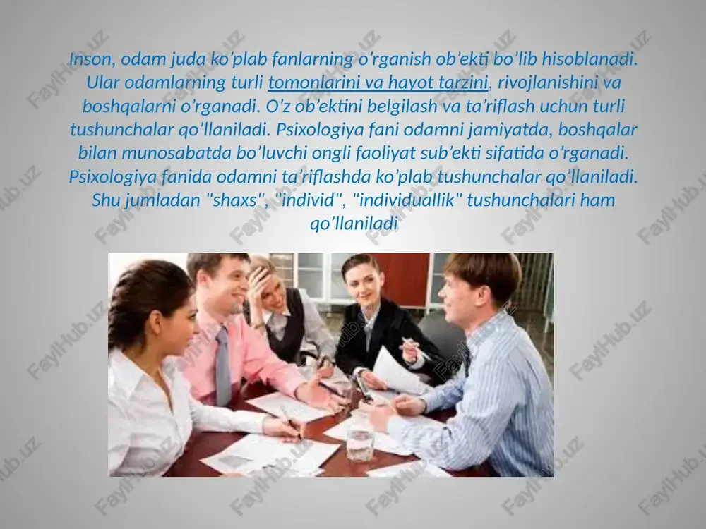 jratadi, o‘zidagi jismoniy va ruhiy holatlar, harakatlar va jarayonlarning sub’ekti sifatida his etadi, shaxsan o‘zi uchun «boshqalar» qarshisida turgan, shu bilan birga, ularga bevosita bog‘liq bo‘lgan «men» sifatida namoyon bo‘ladi. shaxsan «men» mavjudligining sub’ektiv kechinmasi, avvalambor, insonning hozirgi, o‘tgan zamon va kelajakda shaxsan o‘ziga nisbatan o‘zining o‘xshashligini tushunishi holatida ifodalanadi. shunday qilib, o‘zini anglash yoki «men-konsepsiyasi» – bu individning o‘zi haqidagi tasavvurlarning takrorlanmas tizimi sifatida kechiriladigan nisbatan barqaror u yoki bu darajada anglanganlikdir, uning asosida individ boshqa odamlar bilan o‘zaro aloqalarini o‘rnatadi va o‘ziga munosabat bildiradi. «men-konsepsiyasi» – bir butun bo‘lsada, lekin ichki qarama-qarshiliklardan holi emas, o‘ziga nisbatan mayl sifatida namoyon bo‘ladigan va quyidagi tarkibiy qismlardan iborat shaxsiy men obrazi bo‘lib hisoblanadi. umuman olganda, odamning nechtagacha «men» bo‘lishi mumkin ? «aks ettirilgan men» «ko‘rgazmali men» «samimiy men» «sub’ektiv (nohaqlik) men» «boshqalar kutgan men» «uydagi men» «sub’ektiv (nohaqlik) men» 1. «sub’ektiv (nohaqlik) men» – bu da’vogarlik darajasi, yutuqlar motivatsiyasi, o’zini yuzaga …