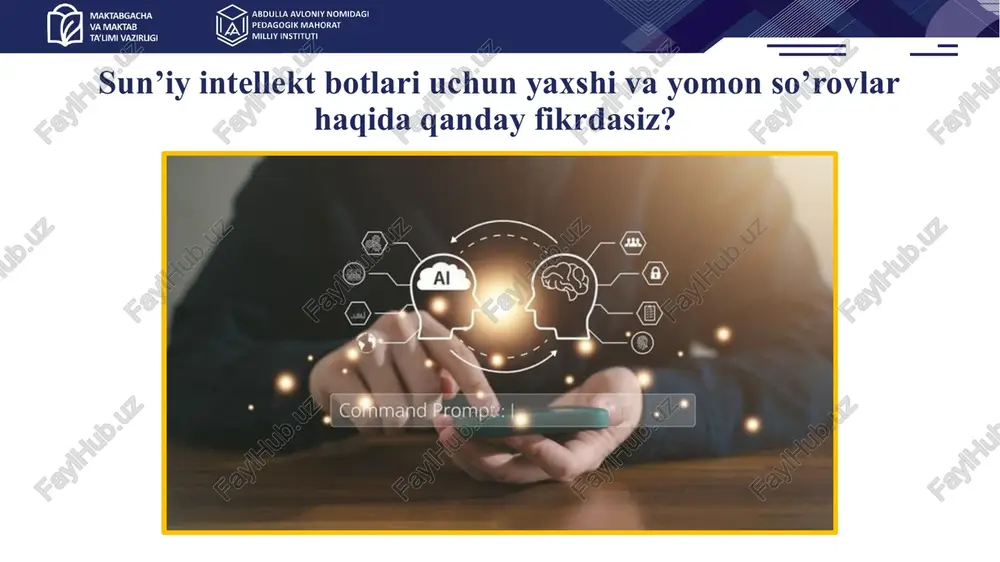 tbot tavsiya berishi mumkin. misol: “maktab boshqaruvida sun'iy intellektni qo’llashga doir eng yaxshi kitoblar qaysilar, tavsiya bera olasanmi?" adabiyotlarni si orqali o’rganish 16 refleksiya qr kodni mobil telefon orqali skanerlang. e’tiboringiz uchun rahmat! image5.png image6.svg image7.png image8.png image9.png image1.jpg image10.jpeg image11.jpeg image12.0 image13.jpeg image14.jpeg image15.png image16.png image17.png image18.png image19.jpeg media1.mp4 image20.png image24.png image21.png image22.png image23.png media2.mp4 image25.png image29.png image26.png image27.png image28.png image30.png image31.jpeg image32.png image33.png image34.png image35.png image36.jpeg image37.jpeg image38.png image39.jpg image40.jpeg image41.jpeg image44.png image45.png image46.png image42.png image43.png image47.png image48.jpeg image49.png 1889308843 create videos with https://clipchamp.com/en/video-editor - free online video editor, video compressor, video converter. /docprops/thumbnail.jpeg
