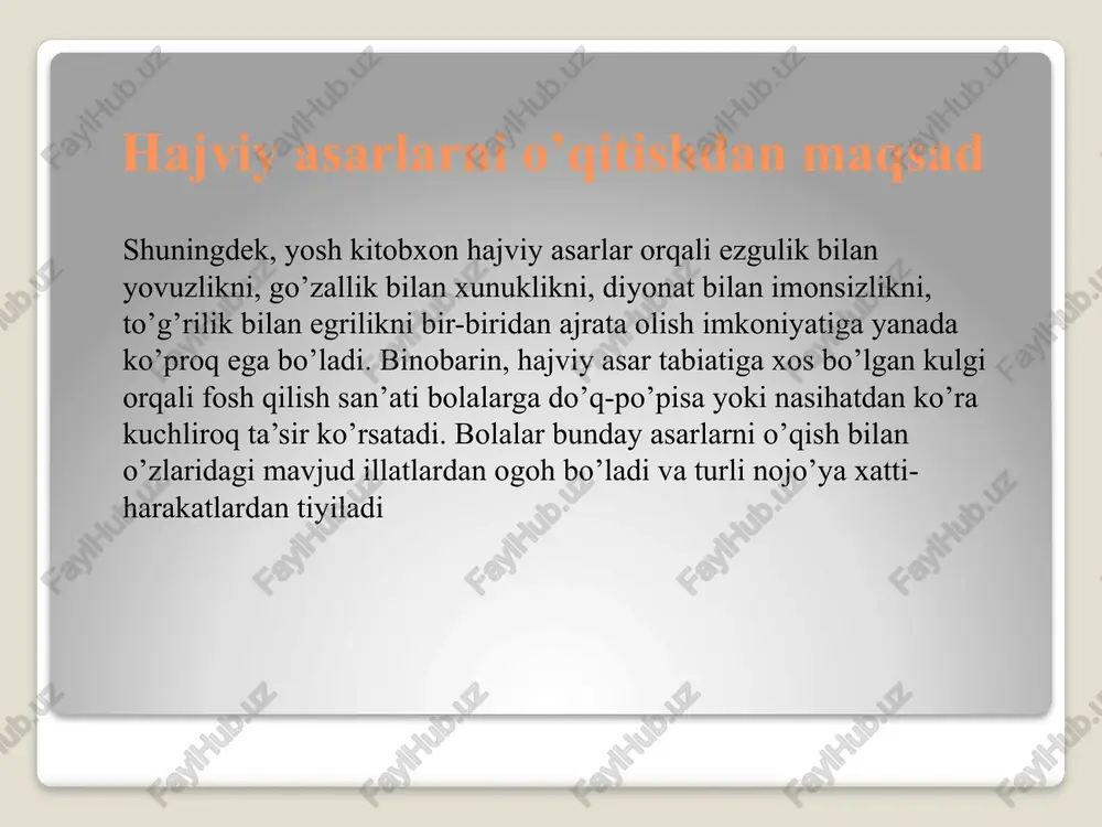 hramonlar o’zining yolg’onchiligi, tuhmatchiligi, yalqovligi, dangasaligi, tozalikka rioya qilmasligi, darslarni o’zlashtirmasligi kabi illatlari bilan ma’lum va mashhur. mazkur she’rlarda hajviy obrazlarning satirik qiyofasi kulgu vositasida fosh etiladi va, ayni paytda, ularning ushbu illatlardan tezda forig’ bo’lishi g’oyasi ham ilgari suriladi. bu o’rinda shuni ham qayd etish kerakki, bu tipdagi she’rlarda bolalarning satirik qiyofasini chizishda ijodkorlar majoziy detal va tasvirlardan samarali foydalanganlar. o’tgan asrning 80-90-yillari o’zbek bolalar she’riyatida bevosita bolalarning satirik obrazi yaratilgan she’rlarning kam uchrashini, ular ko’proq majoziy va allegorik obrazlar shaklida namoyon bo’lishini kuzatish mumkin. bevosita bolalar hayotidan olib yozilgan she’rlarda esa satirik qahramonlar chaqimchilik, o’yinqaroqlik, vijdonsizlik kabi illatlari bilan ajralib turadi. bular salbiy hodisa sifatida beg’ubor kulgu va ramziy detallar orqali ochib beriladi. bolalar adabiyotida ushbu illatlarni qoralagan she’rlar ko’p. shu bilan birga, bunday she’rlarda ijtimoiy-ma’naviy motivlar kuchayganini ham qayd etish joiz. jumladan, r.tolipovning ”bitta yomon”, ”bir majlis”, a.ko’chimovning ”o’rtalik”, ”mish-mishvoy”, ”men g’iybatchi emasman”, ”xiyla”, r.nazarning ”dahshat”, ”zoologiya …