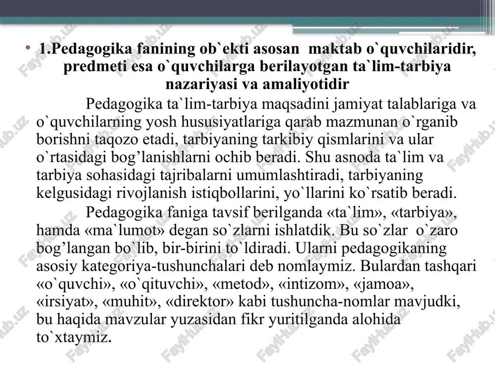 ariga ega. bu metodlari orqali o`z mazmunini boyitib, yangilab boradi. hayotda va ob`ektiv dunyoni bilish nazariyasida nimani o`rgatish va qanday o`rgatish kerak, kimni va qanday tarbiyalash lozim degan masalalar mavjud bo`lib, ular o`zaro bog’liqdir. nima qilish kerak va qanday amalga oshirish lozim degan muammolar o`rtasida dialektik birlik mavjuddir. pedagogika o`z mazmunini boyitish va yangilash maqsadida mavjud pedagogik hodisa va jarayonlarni uning maqsadi va vazifalariga muvofiq keladigan metodlari bilan o`rganadi. shu ma`noda pedagogikaning ilmiy-tadqiqot metodlari deganimizda yosh avlodni tarbiyalash, bilimli qilish va o`qitishning real jarayonlariga xos bo`lgan ichki aloqa va munosabatlarni tekshirish, bilish metodlari, uslublari va vositalari majmuini tushunamiz. pedagogikaning ilmiy-tadqiqot metodlari qanchalik mukammal to`g’ri tanlansa ta`lim-tarbiya mazmuni shu darajada yaxshilanadi. hozirgacha mavjud va ishlab chiqilgan quyidagi ilmiy tadqiqot metodlariga tayanib fikr yuritamiz. 1) kuzatish metodi; 2) suhbat metodi; 3) bolalar ijodini o`rganish metodi; 4) test, so`rovnomalar metodi; 5) maktab hujjatlarini tahlil qilish metodi; 6) eksperiment-tajriba sinov metodi; 7) statistika ma`lumotlarini …