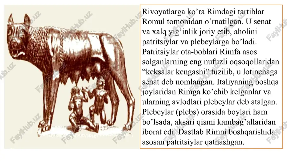 a oshirar edi. saylov kuni konsullika o’z nomzodini qo’ygan badavlat quldorlar “kandida” deb ataluvchi oq-harir libos kiyib olishgan. senat mamlakatda katta hokimiyatga ega bo’lgan .birorta ham qonun senatda muhokama etilmasdan turib, xalq majlisi tomonidan qabul qilinmas edi.asosiy mansabdor shaxslar –konsullar esa bevosita davlatni boshqarar edilar. senat 300 kishidan iborat bo’lgan. birorta ham qonun senatda muhokama etilmasdan turib, xalq majlisi tomonidan qabul qilinmas edi r i m r e s p u b l i k a s i b o sh q a r u v i konsul senat xalq majlisi xalq tribunalari 8 qullar - gladiatorlar omadli gladiatorlar katta pulli mukofotlar olardi va hammalarning hurmatini qozonardi. ko’pincha janglarda g’alaba qilgan gladiatorga yog’chli qilich berardilar, shu qilich uning ozodligi timsoli edi. ko’pincha ozodlikga erishgan gladiatorlar trenerlar bo’lishardi. 9 to’r va changak bilan qurollangan gladiator o’zini hech narsa bilan himoya qila olmasa ham, u raqibini to’r bilan o’rab tashlashi va changak …