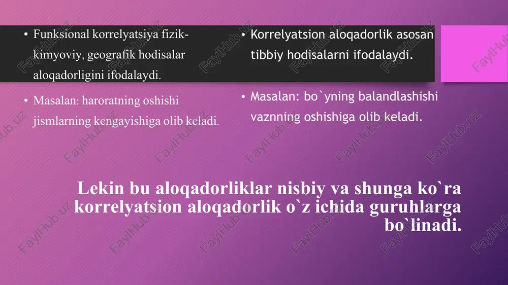 korrelyatsiya koeffitsienti qarama-qarshilik darajasi, uning oʻnga yoki chapga yonalishi bilan belgilanadi. musbat qiymat toʻgʻri, manfiy qiymat teskari korrelyatsiyani bildiradi. statistik ahamiyati korrelyatsiya koeffitsienti statistik ahamiyati, uning amaliy va nazariy ahamiyati bilan belgilanadi. statistik jihatdan ma'noli korrelyatsiya, ko'pincha amaliy ahamiyatga ham ega bo'ladi. 11 korrelyatsiya koeffitsientidan statistik tahlilda foydalanish misollari 1 tizza suyaklari orasidagi masofa tizza suyaklari orasidagi masofa va tana og'irligi o'rtasidagi korrelyatsiya koeffitsienti hisoblansa, bunda ikki o'zgaruvchi o'rtasida yuqori darajada kuchli korrelyatsiya kuzatilishi mumkin. 2 charchoq va uyqu miqdori kundalik ish faoliyati vaqtida charchoq darajasi va uyqu miqdori o'rtasidagi korrelyatsiya koeffitsienti hisoblab chiqilsa, eng kuchli teskari korrelyatsiya kuzatilishi mumkin. 12 korrelyatsiya koeffitsientidan tibbiyotda foydalanish diagnostika tibbiyotda korrelyatsiya koeffitsienti, belgi va simptomlar hamda kasallik orasidagi bog'liqlikni aniqlashda qo'llaniladi. bu kasalliklarni erta aniqlash va to'g'ri davolash uchun muhim. prognoz korrelyatsiya koeffitsienti, kasallikning rivojlanish dinamikasi va oqibatlarini oldindan bashorat qilishda foydalaniladi. bu tibbiy amaliyotda oqibatlarni oldini olish uchun muhim ahamiyatga ega. tibbiy …