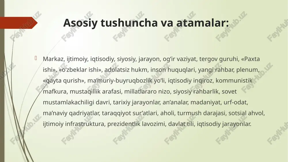 ozlik ko‘rsatdilar. «mustaqillik deklarasiyasi»da har bir millat o‘z taqdirini o‘zi belgilashi, deklaratsiya qoidasi bilan kafolotlanishi ta’kidlandi. unda o‘zbek xalqining asrlar davomida qo‘lga kiritgan davlat qurilishi va madaniy taraqqiyot borasidagi boy tarixiy tajribasi va an’analari hisobga olindi. deklarasiya 12 moddadan iborat bo‘lib, uning 1-moddasida «o‘zbekiston ssr ning demokratik davlat mustaqilligi respublikaning o‘z hududida barcha tarkibiy qismlarini belgilashda tashqi munosabatlardagi tanho hokimligidir», - deb yozib qo‘yilgan. mustaqillikning qo‘lga kiritilishi va uning tarixiy ahamiyati xx asr 90-yillariga kelib jahon va sobiq ittifoqdosh o‘zgarishlar hamda yuzaga kelgan vaziyat o‘zbek xalqining mustaqillik uchun bo‘lgan kurash jarayonini tezlashtirib yubordi. 1991-yilning 31-avgustida, o‘n ikkinchi chaqiriq o‘zbekiston ssr oliy kengashining oltinchi sessiyasida islom karimov tantanali ravishda o‘zbekiston respublikasining mustaqilligini e’lon qildi. islom karimov o‘zining tarixiy nutqida quyidagilarni alohida ta’kidladi: «mamlakat katta falokat yoqasiga, jar yoqasiga kelib qolganini ko‘rib turibmiz. xalq o‘zining ertangi kuniga ishonchini kundan-kunga yo‘qotyapti. odamlar o‘zining, oilasining, bolachaqasining tinchligiga kafolat istaydi. to‘kis, xotirjam hayot talab qilyapti. …