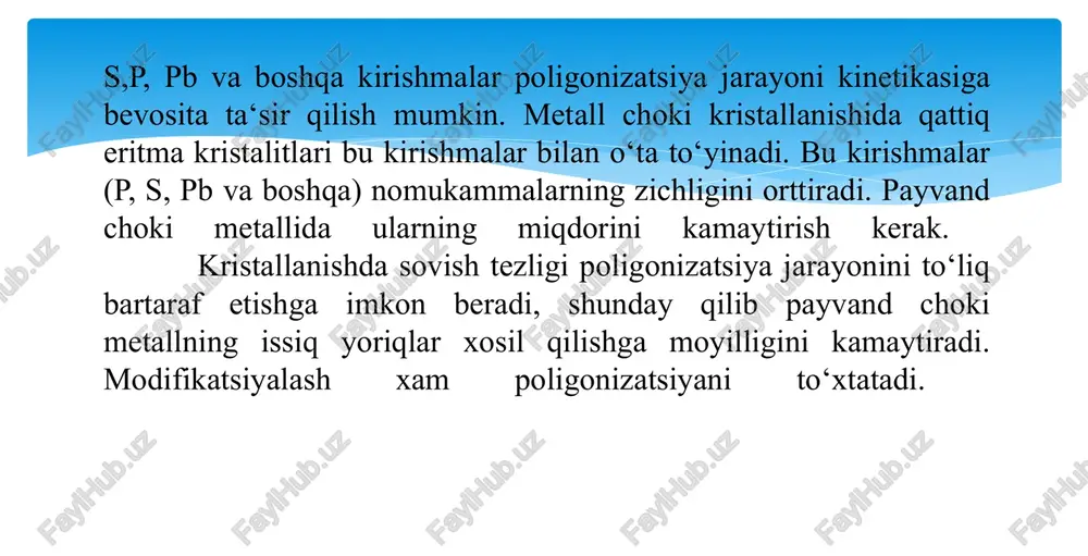 r. (sr, h va boshqa kam uglerodli po‘latlarda). payvandlash vaqtida sovuq darzlarni olish usullari. payvandlash avval detallarni qizdirish (250-450°c) muayyan turdagi payvandlashning barcha talablari, qoidalari va qoidalariga so‘zsiz rioya qilish kerak, eng maqbul isitish haroratini tanlang. muayyan holatda zarur bo‘lgan payvandlash turini qo‘llash kerak. mahsulotni sovutish sekin va bir xil bo‘lishi kerak. ish tugagandan so‘ng, elementlarning kuchlanishini yengillashtirish uchun yumshatuvchi yumshatish amalga oshiriladi. payvandlash vaqtida issiq darzlarni olish usullari. metallni erishidagi metallurgik jarayonlarni nazorat qilish. metallni ko`pish (raskisleniya)jarayonini optimal taminlash. oltingugurt bilan ishlaganda, u sulfid plyonkalarining paydo bo'lishiga olib kelishi mumkinligini oldini olish kerak. shuning uchun metall takibida marganets bolishi yaxshiroqdir. oltingugurt paydo bo'ladigan nuqsonlarga salbiy ta'sir ko'rsatmasligi uchun, payvandchi payvand chokini kristallanish jarayonida diqqat qilishi kerak. oltingugurt me'moriy nuqtaning chap tomoniga o'tishi kerak. bunday vaziyatda delta-ferrit ajralib chiqariladi, bu esa uni yaxshiroq parchalaydi. ish vaqtida elementlarning qattiq bo`lmagan fiksatsiyasini taminlash barcha nuanes va xususiyatlarni hisobga olgan holda ma'lum bir …