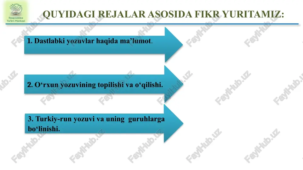 aniya run – heikel pahlaviy, soʻgʻd – tomson, menges, pederson 16 qadimiy turk tamgʻalari – aristov, mallitskiy so`g`d – klashtorniy, livshich oromiy – sokolov, radlov #1 qadimiy turkiy harflarining turk tamgʻalaridan kelib chiqqanligi, faqat oromiy, soʻgʻd va pahlaviy yozuvlari ham oʻz ta’sirini koʻrsatgan – e.d.polivanov; pahlaviy - h.jensen; yarim pahlaviycha - j.g.fevrier; soʻgʻd-yunon – clauson, vasary, caferoğlu, kafesoğlu, v.g.guzev, klashtorniy; ideogrammalardan - hüseyin namık,ahmet cevat emre, ahmet jaferogʻlu, a. mahmutov, v.g.guzev, klyashtorniy. qadimiy turkiy yozuvning kelib chiqishi masalasidagi uzil-kesil yechim sifatida 1993-yilda v.g.gusev va s.g.klyashtorniy tomonidan ilk bora ilgari surilgan hamda v.g.gusevning 2000-yilda qilgan ma’ruzasidagi ma’lumotlarini ko’rsatish o’rinli bo’ladi. koʻk turk alifbosi qadimiy turklarning oʻz ijod mahsuli (otonkton) ekanligini toʻliq isbotlab berildi. koʻk turk yozuvi rasm va tamgʻalardan iborat boʻlgan shaklda “oʻz yozuv madaniyatini yaratganlar hamda soʻz-boʻgʻin-harf bosqichlarini” bosib oʻtgan va viii asrning boshlarida harfli yozuv koʻrinishiga aylana boshlagan. #1 turkiy run yozuvi deyilishiga sabab shuki, urxun harflarining qadimgi german …