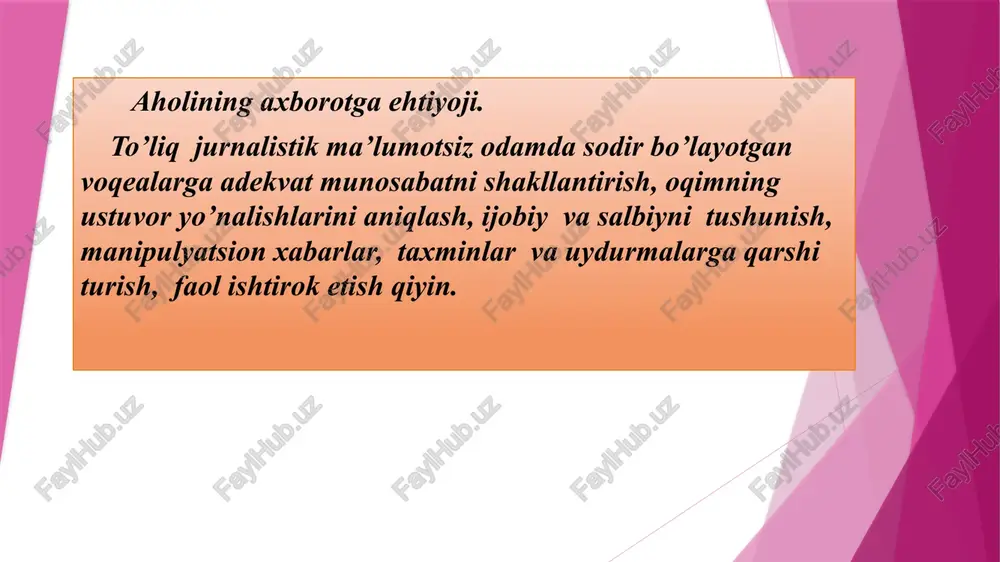 r qanday davlat oldiga yangidan yangi vazifalarni ko’ndalang qo’ydi. qolaversa, ushbu holatga moslashish mustaqil davlatning xalqaro imiji shakllanishida hal qiluvchi ahamiyat kasb eta boshladi. axborot globallashayotgan hozirgi zamonda dunyo mamlakatlaridagi matbuot va axborot vositalari faoliyati bilan bir tizim sifatida tasavvur qilib bo’lmas, aql bovar qilmas oqimga aylanib bormoqda.inson aql-idrokining, sivilizatsiyasining bemisl ixtirolaridan bo’lgan mazkur oqim “jahon jurnalistikasi”‚“ xalqaro jurnalistika” deb atalmoqda. axborot globallashuvi dunyo mamlakatlaridagi shart-sharoit va ijtimoiy-siyosiy, ma’naviy-ma’rifiy hayotimizdagi umumiylikni, o’xshashliklarni keltirib chiqardi. 1978-yilda ilk bor “yangi jahon axborot tartibi ” tushunchasi huquqiy jihatdan xalqaro miqyosda e’tirof etilgan. hujjat bmt bosh assambleyasi va yunesko bosh konferensiyasi tomonidan rasman qabul qilingan. 1980-yilda yunesko tomonidan xalqaro maydonda yangiliklar hamda turli madaniy mahsulotlar oqimini nazorat qilish bo’yicha alohida rezolyutsiya qabul qilingan. shu yili yunesko tashabbusi bilan “kommunikatsiyalarni rivojlantirish xalqaro dasturi” nomini olgan yangi tashkilot faoliyat yurita boshladi. globallashuv va hozirgi turmush jarayonining keskin sur’ati, ilmiy-texnika taraqqiyoti, yangi axborot texnologiyalari hayotimizni, umuman jamiyatni …