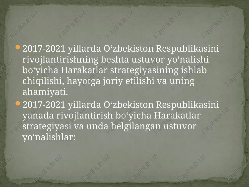 tojik-o‘zbek munosabatlari tarixida ilk bor tojikistonda o‘zbekiston madaniyati kunlari o‘tkazildi. 2017-yil shavkat mirziyoev turkmaniston prezidenti gurbanguli berdimuhamedov taklifi bilan ikki marta (mart, may oylari) turkmanistonga tashrif buyurdi. tashriflar davomida bir qator kelishuvlarga erishildi. 2017-yil mart oyidagi muzokaralar yakunida prezidentlar o‘zbekiston bilan turkmaniston o‘rtasida strategik sheriklik to‘g‘risidagi shartnomani imzoladilar. ikki mamlakat vazirlik va idoralari o‘rtasida iqtisodiyot, qishloq xo‘jaligi va kimyo sanoati, temir yo‘l transporti, madaniy-gumanitar sohalardagi hamkorlik, hududlararo aloqalarni rivojlantirishga doir qator hujjatlar imzolandi. 2017-yil 6–7-mart kunlari o‘zbekiston respublikasi prezidenti shavkat mirziyoev rasmiy tashrif bilan turkmanistonda bo‘ldi. bu shavkat mirziyoevning prezident sifatida xorijiy mamlakatlarga qilgan ilk rasmiy tashrifi hisoblanadi. 2017-yil aprelda o‘zbekiston respublikasi prezidenti shavkat mirziyoev rasmiy tashrif bilan rossiyada bo‘ldi. o‘zbekiston prezidenti shavkat mirziyoevning rossiya federatsiyasiga davlat tashrifi yakunlari bo‘yicha siyosiy, savdo-iqtisodiy, sarmoyaviy, harbiy-texnikaviy, migratsiya sohalari, shuningdek, mintaqalararo hamkorlik, turizm va sog‘liqni saqlashga oid umumiy qiymati 16 milliard dollar bo‘lgan 55 ta hujjat imzolandi. 2017-yil 11–13-may kunlari prezident shavkat mirziyoevning …