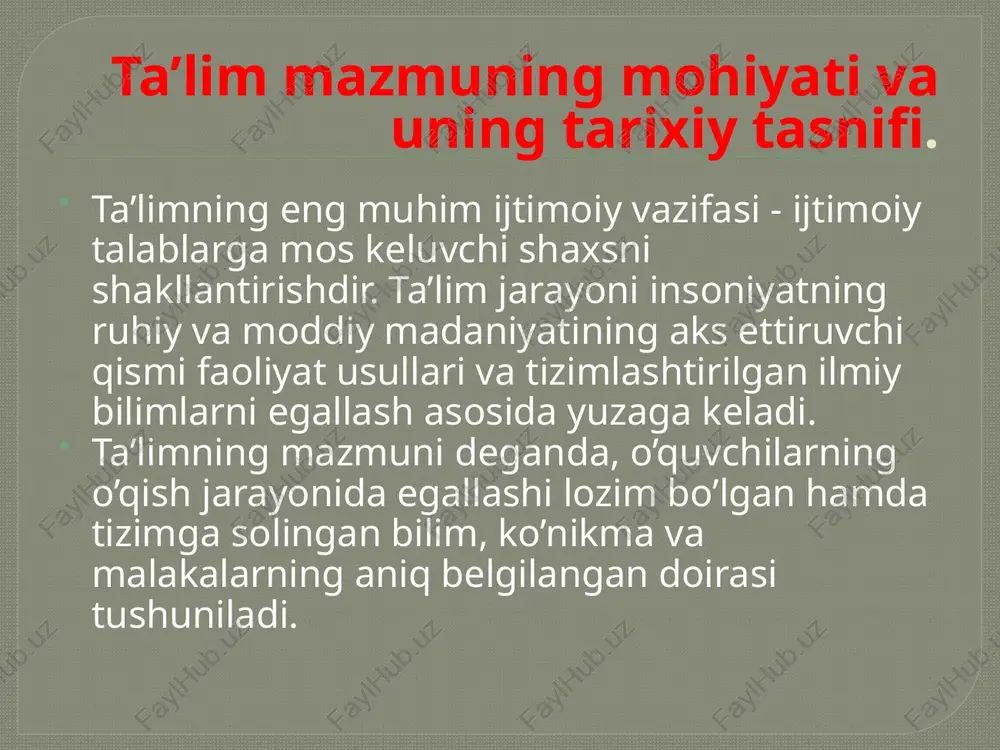 madaniyatning zamonaviy yutuqlari darajasi, aniq sohadagi bilimlar asosida tizimli ravishda bayon etiladi. darslik ta’lim asosiy maqsad va vazifalariga, aniq yoshdagi ijtimoiy guruhning rivojlanishiga va tarbiyalanishiga javob beradi. darslik o’quvchilarning ikkinchi “muallimi”. chunki u avvalo o’quvchi uchun zarur qo’llanmadir.har bir o’quv fanining mazmuni darslikda batafsil yoritiladi. darslik tegishli fanga oid ilmiy bilim asoslarini dasturga va didaktika talablariga muvofiq ravishda bayon qiluvchi kitobdir. darslik bilan bir qatorda ayrim o’quv fanlari yuzasidan o’quv qo’llanmalari tuziladi. davlat ta’lim standartlari. davlat ta’lim standarti o’zbekiston respublikasi o’z mustaqilligini qo’lga kiritilgandan so’ng yaratildi. dts o’zbekiston respublikasi “ta’lim to’g’risida”gi qonuni va “kadrlar tayyorlash milliy dasturi” normativ xujjatlari asosida yaratilgan. standart o’lchov, andoza, qoli’, mezon ma’nosini beradi. dts ta’limning mazmuniga hamda sifatiga qo’yiladigan talablarni belgilaydi. dts ta’lim oluvchilarning bilim, ko’nikma va malakalarining sifatiga qo’yiladigan minima’l darajadagi talabni aniqlaydi.dts larni bajarish o’zbekiston respublikasining barcha ta’lim muassasalari uchun majburiydir. o'quvchilarning bilim, ko'nikma va malakalarini baholash mezonlari. baholash deb bilim, ko'nikma va …