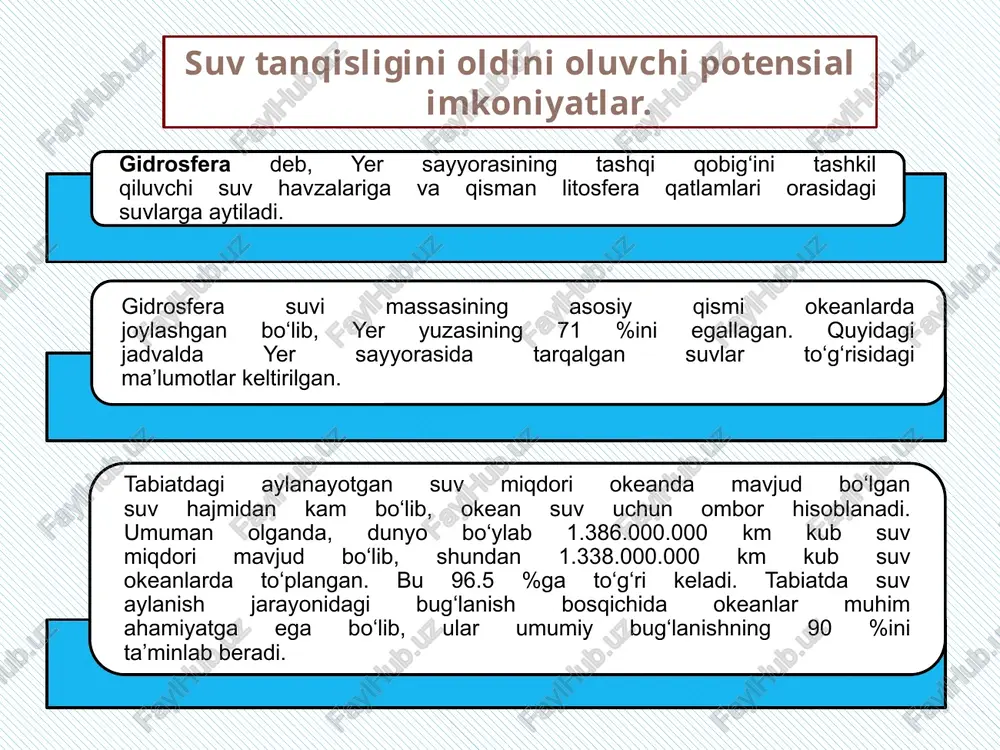 yoki shunday chegaralarda joylashgan har qanday yerusti yoki yerosti suvlaridir. transchegaraviy suv obyektlari ikki va undan ortiq davlatlar chegaralarini kesib o‘tadigan yoki shunday chegaralarda joylashgan suv obyektlaridir. suv o‘zbekiston respublikasining davlat mulki – umummilliy boylik hisoblanadi, suvdan oqilona foydalanish lozim bo‘lib, u davlat tomonidan qo‘riqlanadi. yagona davlat suv fondi: – jilg‘alar, soylar, daryolar, suv omborlari, ko‘llar, dengizlar, kanallar, kollektor-drenaj tarmoqlari, buloqlar, hovuzlarning suvlari va boshqa yerusti suvlaridan; – yerosti suvlari, qor zahiralari va muzliklardan iboratdir orol dengizi havzasi markaziy osiyo davlatlari o‘rtasida sxemalarda 1983-84-yillarda belgilangan davlatlararo suvni bo‘lish limiti, 1996-yili davlatlararo muvofiqlashtirish suv xo‘jaligi komissiyasi tomonidan chorjo‘y shahridagi yig‘ilishda tasdiqlangan. hozirgi paytda respublikada, asosan, irrigatsiya maqsadida 51 ta suv omboridan foydalaniladi. ularning to‘liq loyihaviy hajmi 18,8 km3, foydali hajmi 14,8 km3 ni tashkil etadi. eng yiriklari tuyamuyun, chorvoq, to‘dako‘l, kattaqo‘rg‘on suv omborlaridir. o‘zbekistonning eng yirik suv omborlari kompleks ishlatiladi va asosan, irrigatsiya, energetika va sanoat maqsadlariga mo‘ljallangan. suv omborlaridan uzoq …