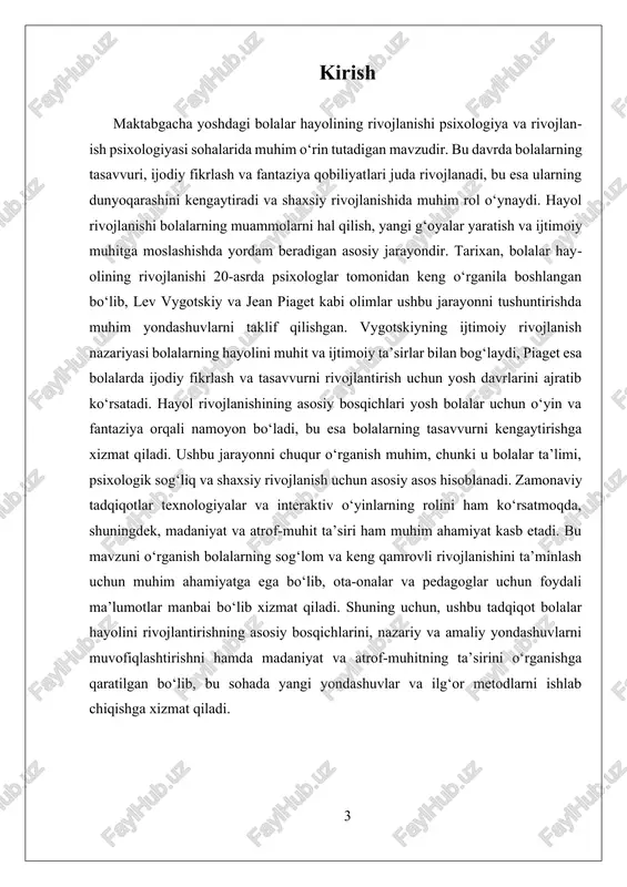 lar muhitdagi voqealarni taqlid qilish orqali o‘rganadilar. ushbu jarayon bolalarning ijtimoiy ko‘nikmalarini va shaxsiy fikrlash qobiliyatlarini rivojlantirish uchun asos bo‘lib xizmat qiladi. uchinchi bosqich, odatda, 6 yoshdan boshlab, maktab yoshidagi bolalarda, hayol va fantaziyaning yanada murakkablashuvi va kengayishini ko‘rsatadi. bu yoshda bolalar o‘zlarining ichki dunyosini yanada boyitadilar, ularning ijodiy fikrlash va tasavvurlari murakkablashadi. ular o‘z hikoyalarini yozadilar, rasm chizadilar, musiqiy va teatr faoliyatlariga qatnashadilar. bu bosqichda bolalar muhitdagi voqealarni murakkabroq va tafsilotli tasavvur qila oladilar, shuningdek, ular o‘zlarining ichki dunyosini yaratishda yangi metodlarni topadilar. bu bosqichda hayol rivojlanishi o‘yin va ijodiy faoliyatlarning o‘zaro bog‘liqligi bilan yuzaga keladi va bolalarning shaxsiyati shakllanishida muhim rol o‘ynaydi. hayol rivojlanishining bosqichlari bolaning yoshi, muhit va ta’lim muhitiga qarab farq qilishi mumkin. har bir bosqichda bolalarning fantasiyalari, ijodiy fikrlashlari va tasavvurlari bilan bog‘liq qobiliyatlar rivojlanadi, bu esa ularning umumiy rivojlanishiga muhim ta’sir ko‘rsatadi. bu bosqichlarni tushunish va to‘g‘ri targ‘ib qilish pedagoglar va ota-onalar uchun bolalar …