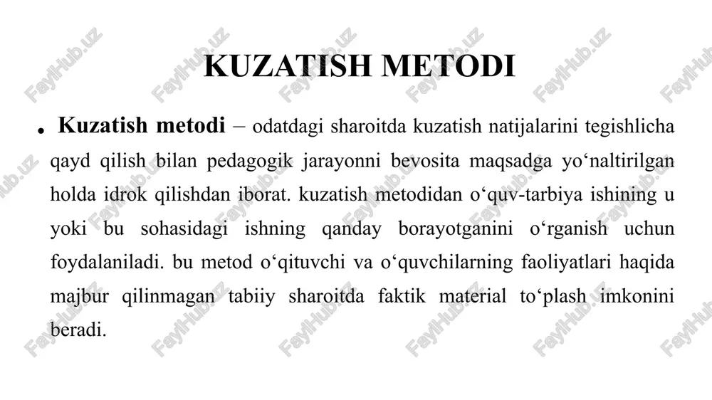 tarkibi, ularning bilim darajalari bo‘yicha taxminan tajriba sinflarga teng kuchli bo‘lishi kerak, bu sinflarda matematika tajriba sinflarda qo‘llaniladigan metodlar, vositalar va boshqalar qo‘llanilmaydi. tajriba tajriba natijalari haqida obektiv ma’lumotlar olishning boshqa usullaridan ham foydalaniladi: 1. tajriba-sinov o‘tkaziladigan sinflarda boshlang‘ich shartlar nazorat sinfidagiga qaraganda bir muncha eng qulayroqdir; agar tajriba sinflarda bunday sharoitlarda yaxshi natijalar olingan bo‘lsa, masalani tajriba hal qilishi o‘zini oqlagan hisoblanadi; 2. o‘quvchilarnig tarkibi taxminan bir xil bo‘lgan ikkita sinf olinadi; tadqiq qilinayotgan masalaning yangi yechimi shu sinflarning bittasida qullaniladi, so‘ngra boshqa mavzu materiallarida ikkinchi bir sinfda qo‘llaniladi; agar bunday qo‘llanishdagi yangi metod, usul yaxshi natija bersa, bu usul, metod o‘zini oqlagan bo‘ladi. tajriba tajribani boshlashdan oldin, uning oraliq bosqichlarida va oxirida hamma sinf o‘quvchilarining bilimlari tekshiriladi. olingan ma’lumotlarni tahlil qilish asosida tadqiq qilinayotgan metodning, usulning va h.k. samaradorligi haqida xulosalar chiqariladi. tajriba-sinov o‘tkaziladigan sinflardan olingan sifat va miqdoriy natijalarni tahlil qilish asosida xulosa chiqariladi. miqdoriy kattaliklarni aniqlashning …