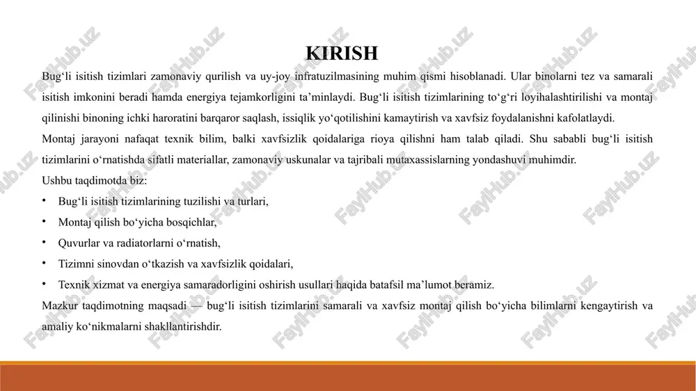 chun shaxsiy himoya vositalari, xavfsizlik belgilar va kerakli asbob-uskunalar mavjud bo‘lishi lozim. bularning barchasi tizimning sifatli va xavfsiz montaj qilinishini ta’minlaydi. quvurlarni ulash. quvurlarni ulash jarayoni bug‘li isitish tizimining samarali va xavfsiz ishlashi uchun juda muhim hisoblanadi. quvurlarni bog‘lashning asosiy usullari payvandlash va fitinglardan foydalanishdir. payvandlash quvurlarni mustahkam biriktirishni ta’minlasa, fitinglar esa montaj va texnik xizmat ko‘rsatishni osonlashtiradi. ulanishdan keyin quvurlarni izolyatsiya qilish orqali bug‘ yo‘qotilishini kamaytirish mumkin, bu tizimning energiya samaradorligini oshiradi. barcha ulanishlar sızdırmazlik (shlak, suv yoki bug‘ oqmasligi) jihatidan tekshiriladi va kerak bo‘lsa tuzatish ishlari olib boriladi. shu tarzda quvurlarni to‘g‘ri ulash tizimning uzoq muddatli, xavfsiz va samarali ishlashini kafolatlaydi. bug‘li isitish tizimida ventilyatsiya va xavfsizlik klapanlari tizimning to‘g‘ri ishlashi va xavfsizligini ta’minlaydi. havoni chiqarish klapanlari (air vents) quvurlarda hosil bo‘ladigan ortiqcha havoni chiqarib, bug‘ning samarali aylanishini ta’minlaydi va radiatorlarning teng haroratda ishlashiga yordam beradi. bosimni nazorat qilish klapanlari tizimdagi ortiqcha bosimni cheklab, quvurlar va uskunalarning shikastlanishini …