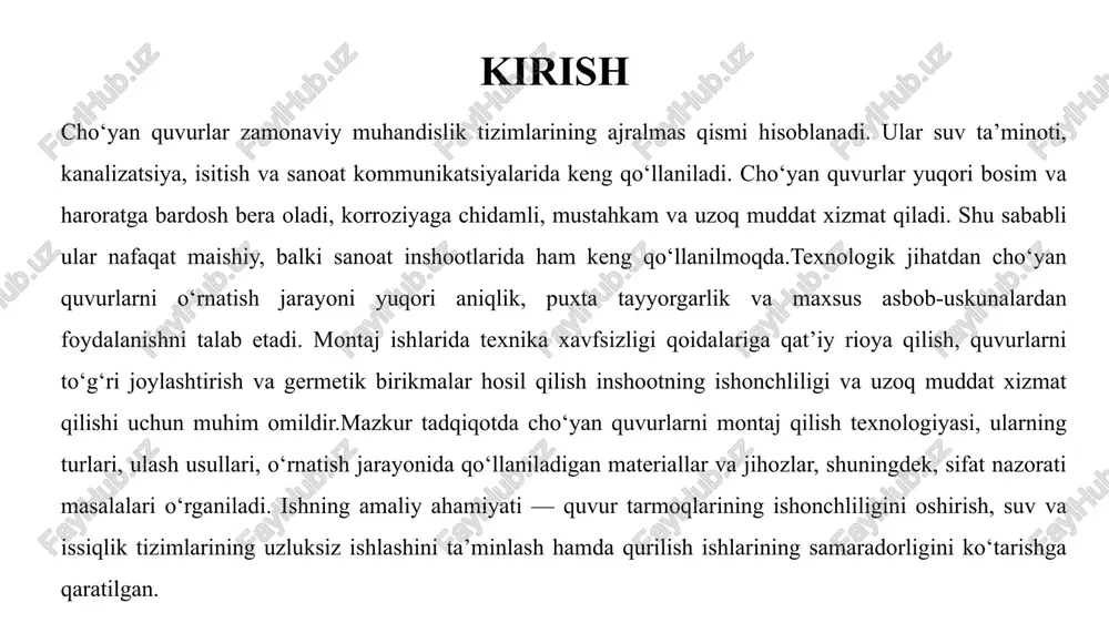 n. mazkur ilmiy ishlanmalar cho‘yan quvurlarni o‘rnatish va ekspluatatsiya qilish jarayonlarini yanada takomillashtirish uchun asos bo‘lib xizmat qilmoqda. tadqiqot usullari tadqiqot davomida cho‘yan quvurlarni montaj qilish jarayonini chuqur o‘rganish maqsadida bir nechta ilmiy-uslubiy yondashuvlar qo‘llanildi. nazariy tahlil usuli — cho‘yan quvurlarning texnik xususiyatlari, montaj texnologiyasi va mavjud ilmiy manbalarni o‘rganish orqali umumlashtirilgan xulosalar chiqarildi. texnik hujjatlarni o‘rganish — gost, snip, o‘rqmq va boshqa normativ hujjatlar tahlil qilinib, montaj talablari aniqlashtirildi. tajriba va kuzatuv usuli — amaliy qurilish jarayonlarida cho‘yan quvurlarni o‘rnatish bosqichlari, ulanish usullari va yuzaga keluvchi muammolar bevosita kuzatildi. amaliy sinov usuli — montaj qilingan quvurlar tizimining zichligi, mustahkamligi va germetikligi maxsus sinovlar orqali baholandi. ushbu usullar orqali olingan natijalar asosida cho‘yan quvurlarni montaj qilishning eng samarali va xavfsiz usullari aniqlanadi. cho‘yan quvurlarning turlari. cho‘yan quvurlar o‘z vazifasi va ishlatilish sohasiga ko‘ra bir nechta turlarga bo‘linadi. har bir turi o‘ziga xos texnik xususiyat va montaj talablari bilan ajralib turadi. …