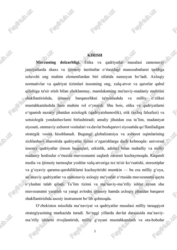 siy g‘oyalarni beradi. ilmiy nuqtai nazardan olganda, etika va qadriyatlar tadqiqoti bir qancha fanlararo yondashuvni talab qiladi: falsafa va aksiyologiyadan tortib sotsiologiya, pedagogika, madaniyatshunoslik va psixologiyagacha. axloq nazariyalari (meta-etika, normativ etika, amaliy etika) qadriyatlarning mantiqiy va konseptual tahlilini beradi, sotsiologik tadqiqotlar esa qadriyatlar ierarxiyasi, ularning jamiyatdagi funksiyalari va ijtimoiy o‘zgarishlarga qanday javob berishini ko‘rsatadi. shuningdek, pedagogika sohasi qadriyatlarni tarbiyalash metodlarini, ta’lim mazmuni va o‘quv jarayonlarida qadriyatlarga joy berishning usul va texnologiyalarini tadqiq etadi. shu bilan birga, zamonaviy tadqiqotlar ta'lim mazmuni va uslubining yoshlar ongiga qadriyatlarni singdirishda hal qiluvchi ahamiyatga ega ekanligini ta'kidlaydi. amaliy jihatdan, etika va qadriyatlarni o‘rganish natijalari ijtimoiy siyosatni shakllantirishda, ta’lim dasturlarini yangilashda, madaniy-ma’rifiy tadbirlarni samarali tashkil etishda va professional etik standartlarni ishlab chiqishda qo‘llanilishi mumkin. masalan, maktab va oliy ta’lim muassasalarida qadriyatlar asosida pedagogik strategiyalar ishlab chiqish yoshlarning fuqarolik ongini, milliy g‘ururini va ijtimoiy mas’uliyatini oshirishga xizmat qiladi. shuningdek, tibbiyot, biznes, huquq va davlat boshqaruvi kabi sohalarda …