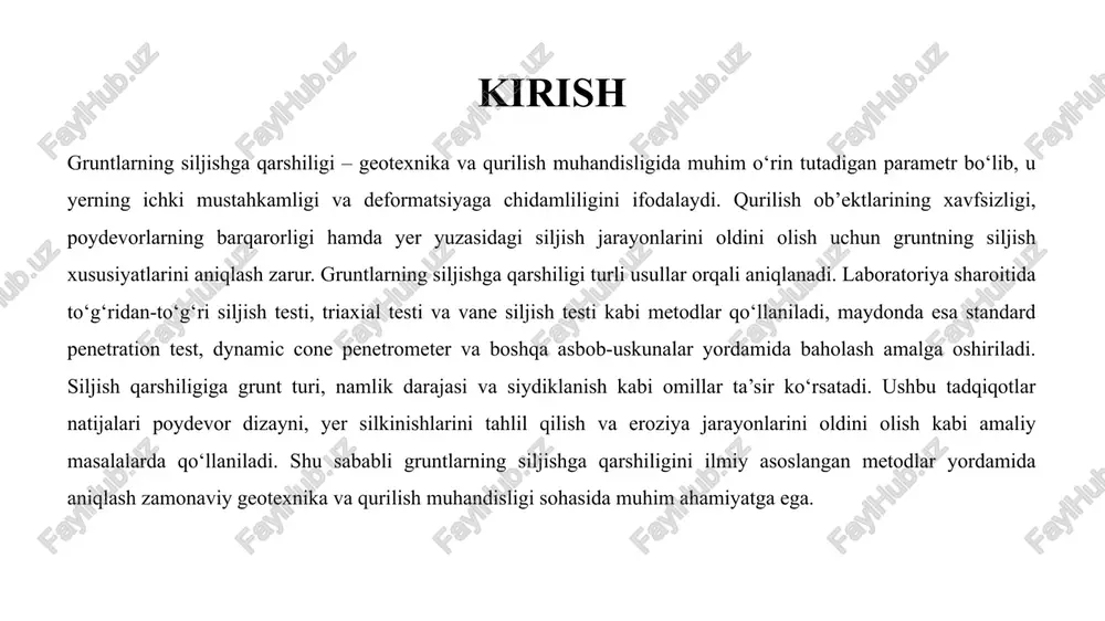 a geotexnika loyihalarida grunt turini aniqlash va uning mexanik xususiyatlarini hisobga olish zarur. ikkinchi muhim omil – gruntning namlik miqdori. namlik ortishi bilan zarralar orasidagi ishqalanish kamayadi, bu esa siljishga qarshilikni pasaytiradi. masalan, loyli gruntlarda suvning ko‘pligi tufayli loy qattiqligi susayadi va u yuk ostida osonlik bilan siljiy boshlaydi. qumli gruntlarda esa namlik o‘rtacha bo‘lsa ham, suv qatlamlari zarralarni ajratib turadi va gruntning barqarorligi pasayadi. shu sababli geotexnika tadqiqotlarida gruntning suv miqdori va quruqlik darajasi alohida e’tiborga olinadi. 3. amaliy qo‘llanilishi gruntlarning siljishga qarshiligi qurilish va geotexnika sohalarida keng amaliy qo‘llaniladi. avvalo, poydevor dizayni jarayonida gruntning siljish qarshiligi poydevorlarning chuqurligi, shakli va turi belgilanishida muhim ahamiyatga ega. mustahkam gruntlar ustiga yengil poydevorlarni loyihalashtirish mumkin bo‘lsa, zaif va yumshoq gruntlarda chuqurroq va kengroq poydevorlar talab qilinadi, shunda qurilish ob’ekti barqaror bo‘ladi. shu bilan birga, gruntning siljish qarshiligi yer silkinishlarini tahlil qilishda asosiy parametr sifatida ishlatiladi. tabiiy yoki sun’iy silkinishlar natijasida yuzaga …