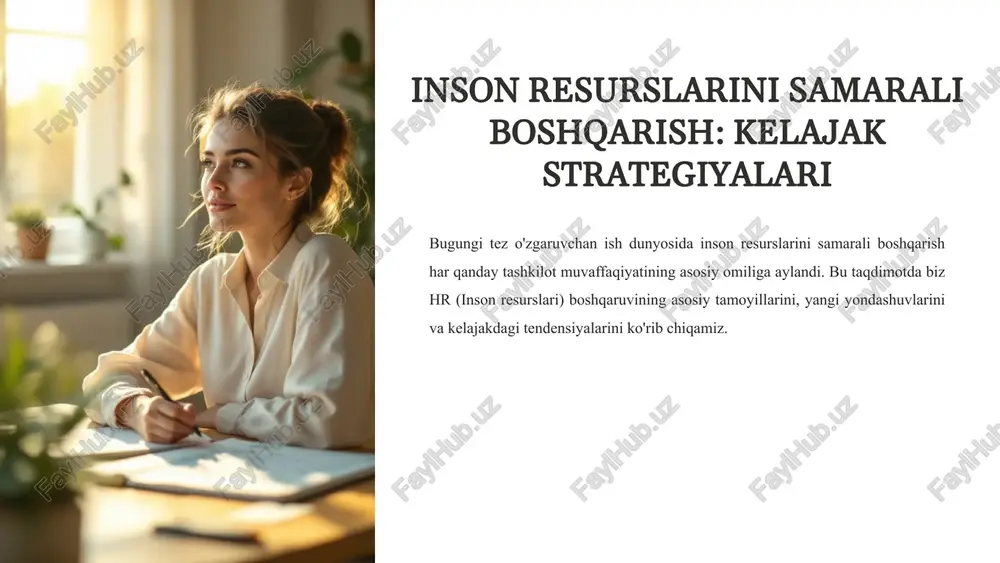 ashga yordam beradi. hris (inson resurslari axborot tizimlari): xodimlar ma'lumotlarini markazlashtirish va boshqarish. ats (arizalarni kuzatish tizimlari): ishga qabul qilish jarayonini optimallashtirish. ai va mashinani o'rganish: nomzodlarni saralash, ish faoliyatini bashorat qilish va xodimlar oqimini tahlil qilish. bulut texnologiyalari: ma'lumotlarga istalgan vaqtda va istalgan joydan kirish imkoniyatini yaratish. 9 hr metrikalari va qaror qabul qilishda ma'lumotlardan foydalanish ma'lumotlarga asoslangan hr qarorlari tashkilotning strategik maqsadlariga erishishda muhimdir. hr metrikalari nafaqat muammolarni aniqlash, balki kelajakdagi tendensiyalarni bashorat qilishga ham yordam beradi. asosiy hr metrikalari: ishga qabul qilish vaqti va narxi xodimlar oqimi darajasi ish faoliyati ko'rsatkichlari xodimlar qiziqishi ko'rsatkichlari 10 kelajakdagi hr tendensiyalari va chorlovlar globalizatsiya va xilma-xillik global bozorlarda ishlash va turli madaniyatga ega xodimlarni boshqarish qobiliyati. avtomatlashtirish va ai avtomatlashtirish va sun'iy intellektning hr jarayonlariga integratsiyasi. ma'lumotlar xavfsizligi va etika xodimlar ma'lumotlarining xavfsizligini ta'minlash va etik me'yorlarga rioya qilish. ish va hayot balansi xodimlarning ish va shaxsiy hayot balansi uchun …
