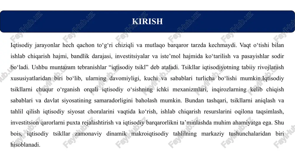 qarish hajmi, investitsiyalar va iste’mol darajasi kamayadi. talab qisqaradi, korxonalar ishlab chiqarishni sekinlashtiradi, bandlik darajasi pasayadi va ishsizlik ortadi. iqtisodiy ishonch susayadi, moliya bozorlarida beqarorlik kuchayadi. odatda bu davrda davlat fiskal va monetar choralar orqali iqtisodiy faollikni rag‘batlantirishga urinadi. tubanlik (trough) — iqtisodiy tsiklning eng past nuqtasi hisoblanadi. yaim eng past darajaga tushadi, ishlab chiqarish va bandlik minimal holatga keladi. shu bilan birga, bu bosqich kelajakdagi ko‘tarilish uchun tayanch vazifasini bajaradi. iqtisodiyot asta-sekin tiklanish jarayoniga kiradi, talab jonlanadi, investitsiyalar ko‘payadi va yangi o‘sish bosqichi boshlanadi. tsikl turlari: qisqa muddatli qisqa muddatli tsikllar odatda 3–4 yil davom etadi va iqtisodiy faoliyatdagi qisqa muddatli tebranishlarni aks ettiradi. bu tsikllar ko‘pincha ishlab chiqarish hajmi, zaxiralar, savdo aylanmasi va bozor talabidagi o‘zgarishlarga bog‘liq bo‘ladi. kitchin tsikli (zaxiralar tsikli) — qisqa muddatli iqtisodiy tsiklga misol bo‘lib, u taxminan 40 oy davom etadi. ushbu tsiklning asosiy sababi firmalarning bozor holati haqida ma’lumotni yig‘ish, qayta ishlash va …