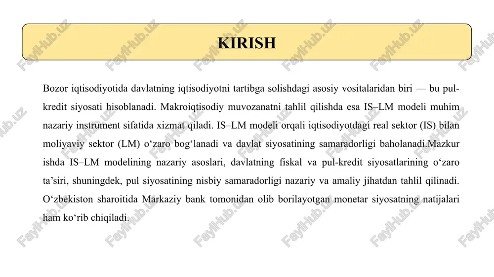 lm egri chizig‘i chapga va yuqoriga siljiydi, foiz stavkalari oshadi, investitsiyalar qisqaradi va iqtisodiy faollik pasayadi. shu tariqa pul-kredit siyosati foiz stavkalari va investitsiyalar kanali orqali real sektorga bevosita ta’sir ko‘rsatadi. pul-kredit va fiskal siyosatlarning o‘zaro ta’siri. pul-kredit va fiskal siyosatlar birgalikda qo‘llanilganda iqtisodiy siyosatning umumiy samaradorligi ortadi. agar davlat xarajatlari oshirilsa va shu bilan birga markaziy bank pul massasini ko‘paytirsa, lm egri chizig‘i o‘ngga siljiydi, foiz stavkalari barqaror bo‘lib qoladi yoki hatto pasayadi. natijada investitsiyalar siqib chiqarilmaydi va umumiy talab yanada kuchayadi. bu holat “policy mix” deb ataladi. aksincha, agar fiskal ekspansiya qat’iy pul siyosati bilan bir vaqtda olib borilsa, foiz stavkalari keskin oshadi va fiskal siyosatning ta’siri kamayadi. shuning uchun fiskal va pul-kredit siyosatlarini muvofiqlashtirish iqtisodiy barqarorlik va o‘sishni ta’minlashda muhim ahamiyatga ega. pul-kredit siyosatining nisbiy samaradorligini tahlil qilish foiz stavkalari va investitsiyalarga ta’sir orqali samaradorlik. pul-kredit siyosatining samaradorligi asosan is egri chizig‘ining foiz stavkalariga nisbatan elastikligiga bog‘liq …