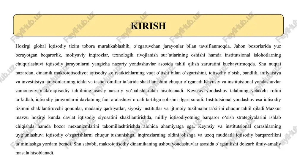 ish hajmi va bandlik darajasi talabga mos ravishda doimiy ravishda o‘zgarib boradi. iqtisodiy tizim o‘z-o‘zidan muvozanatga kelmasligi mumkinligi sababli, keynsiy yondashuv davlatning faol aralashuvini zarur deb hisoblaydi va shu orqali iqtisodiy tebranishlarni yumshatish imkonini beradi. institutsional yondashuvi institutsional iqtisodiy maktab iqtisodiy rivojlanishni faqat bozor kuchlari orqali emas, balki jamiyatdagi turli qonunlar, urf-odatlar, tashkilotlar va institutlar orqali ham tushuntiradi. bu yondashuv iqtisodiy tizimni ijtimoiy muhitdan ajratib bo‘lmasligini ta’kidlaydi. asosiy g‘oyalar: iqtisodiy tizimlar ijtimoiy institutlar bilan chambarchas bog‘liq. qonuniy tartibotlar, siyosiy barqarorlik va madaniy qadriyatlar iqtisodiy o‘sishning muhim omillaridir. bozor mexanizmlari yolg‘iz iqtisodiy jarayon sifatida emas, balki ijtimoiy institutlar bilan uyg‘unlikda samarali ishlaydi. institutlar iqtisodiy subyektlarning xatti-harakatlarini tartibga soladi, tranzaksiya xarajatlarini kamaytiradi va iqtisodiy almashinuvni barqaror qiladi. yaxshi ishlaydigan institutlar bo‘lmasa, bozor mexanizmlari yetarlicha samarali bo‘lmaydi. misol: mulk huquqini himoya qiluvchi qonunlar va sud tizimi bo‘lmasa, investorlar ishonchi pasayadi va iqtisodiy faollik sekinlashadi. institutsional yondashuvning dinamik xususiyatlari institutsional yondashuv iqtisodiy tizimning rivojlanishida …