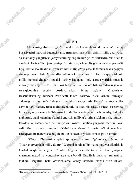 qsadi — o‘quvchilarga milliy tarixni to‘liq va haqqoniy tarzda o‘rgatish, ularni o‘z o‘tmishiga hurmat ruhida tarbiyalash, milliy qadriyatlar asosida dunyoqarashni shakllantirishdan iborat bo‘ldi. shu bilan birga, tarix fani global tarixiy jarayonlar bilan uzviy bog‘lanishda o‘rganila boshladi. bu esa o‘quvchilarga nafaqat o‘z yurtining, balki jahon tarixining rivojlanish qonuniyatlarini ham anglash imkonini berdi[footnoteref:2]. [2: o‘zbekiston respublikasi “ta’lim to‘g‘risida”gi qonun. toshkent, 2020.] tarix fani orqali o‘quvchilarda mustaqil fikrlash, tarixiy voqealarga tanqidiy yondashish, tarixiy manbalarni tahlil qilish, mantiqiy xulosa chiqarish ko‘nikmalarini shakllantirish asosiy vazifa sifatida belgilandi. shu maqsadda, darslarda interfaol metodlar — “aqliy hujum”, “klaster”, “bumerang”, “bahs-munozara”, “t-jadval”, “insert”, “debat” kabi texnologiyalar keng qo‘llanila boshlandi. bu usullar o‘quvchilarning dars jarayonidagi faolligini oshirdi, ularni o‘z fikrini erkin ifodalashga o‘rgatdi va tarixiy voqealarga shaxsiy munosabat bildirish imkonini yaratdi. mustaqillik yillarida tarix ta’limining mazmuni milliy qadriyatlar va tarixiy xotira bilan uyg‘unlashtirildi. darsliklarda milliy qahramonlar, buyuk allomalar, tarixiy shaxslar faoliyatiga keng o‘rin berildi. amir temur, jaloliddin manguberdi, mirzo …