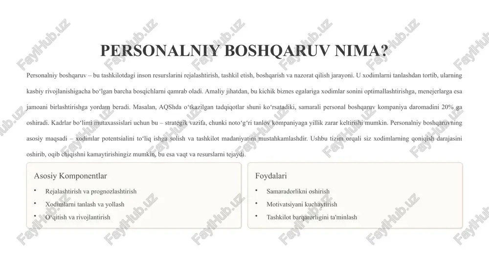 os keladigan odamni tanlashga yordam beradi. 4. qaror va yollash nomzodlarni baholab, eng yaxshisini tanlang. shartnoma tuzing va integratsiya rejasini ishlab chiqing. bu jarayon orqali xato tanlovlarni oldini oling, chunki ular kompaniyaga 2-3 oylik zarar keltirishi mumkin. 5 oʻqitish va rivojlantirish strategiyalari oʻqitish va rivojlantirish – personalniy boshqaruvning muhim qismi. kichik biznes egalariga bu xodimlar malakasini oshirish orqali samaradorlikni koʻpaytirishga yordam beradi. masalan, oddiy onlayn kurslar orqali xodimlar yangi koʻnikmalarni egallashi mumkin, bu esa kompaniya xarajatlarini 15% ga kamaytiradi. kadrlar mutaxassislari dasturlarni rejalashtirib, xodimlarning individual ehtiyojlariga moslashtirishi kerak. menejerlar esa jamoaviy treninglarni tashkil qilib, hamkorlikni kuchaytiradi. amaliy maslahat: har chorakda oʻqitish dasturini baholang va natijalarni oʻlchang. tadqiqotlar shuni koʻrsatadiki, investitsiya qilingan oʻqitish xodimlar sadoqatini 40% ga oshiradi. ushbu strategiyalar orqali siz nafaqat malakani, balki motivatsiyani ham oshirasiz. keling, batafsil koʻrib chiqaylik: oʻqitish turlari – ichki seminarlar, tashqi kurslar va onlayn platformalar. har biri oʻz afzalliklariga ega, masalan, ichki oʻqitish kompaniya …
