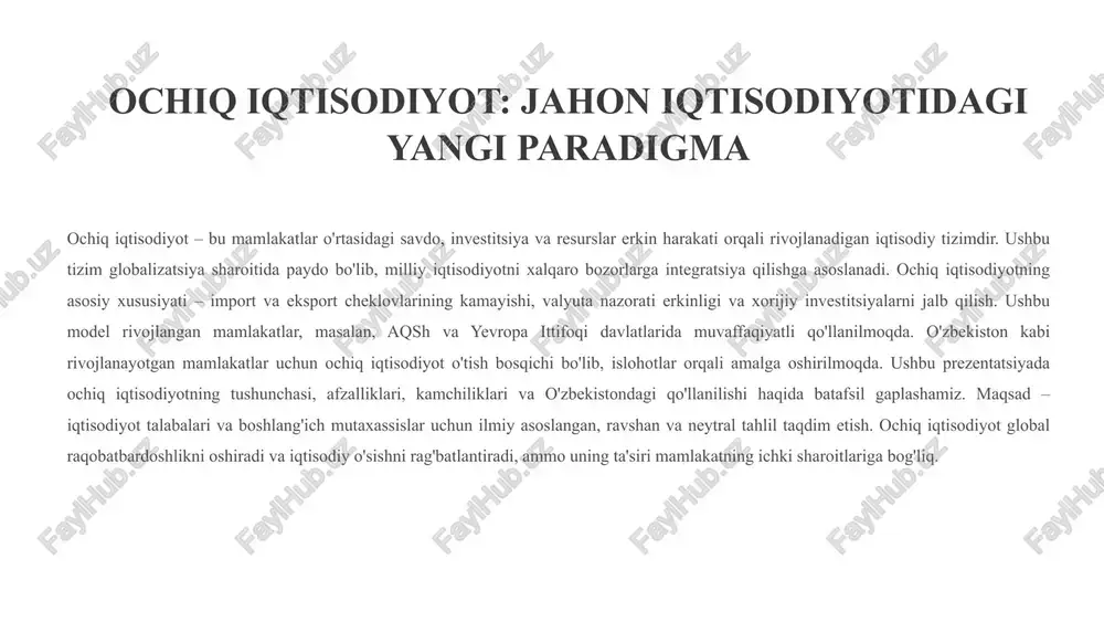 va bilim almashinuvini ham kuchaytirdi. ilmiy tahlillarda ochiq iqtisodiyotning tarixiy muvaffaqiyati raqobat va innovatsiyalar bilan izohlanadi. 5 ochiq iqtisodiyotning asosiy afzalliklari 1 1. iqtisodiy o'sishni rag'batlantirish xalqaro savdo orqali eksport daromadi ortadi, bu yaim ni 2-3% ga oshirishi mumkin (jst ma'lumotlari). 2 2. resurslarni samarali taqsimlash qiyosiy afzalliklar nazariyasiga ko'ra, mamlakatlar o'z kuchli tomonlariga e'tibor qaratib, samaradorlikni oshiradi. 3 3. innovatsiya va texnologiya transferi xorijiy investitsiyalar yangi texnologiyalarni keltirib, mahalliy korxonalarni modernizatsiya qiladi. 4 4. bandlik va daromad o'sishi savdo liberallashuvi yangi ish o'rinlarini yaratadi, ayniqsa eksport sohasida. ochiq iqtisodiyotning afzalliklari ilmiy tadqiqotlarda isbotlangan. rikardo nazariyasiga asosan, savdo to'siqlari kamayishi iqtisodiy samaradorlikni oshiradi. masalan, singapur kabi kichik mamlakatlar ochiq siyosat orqali yaim ni yillik 7% ga oshirdi. o'zbekistonda 2020-2025 yillarda eksport 2 baravar oshdi, bu ochiq iqtisodiyotning natijasi. bundan tashqari, ochiq model inflyatsiyani nazorat qilishga va valyuta barqarorligiga yordam beradi. xorijiy investitsiyalar (fdi) texnologik yangilanishni ta'minlaydi, masalan, avtomobilsozlik va it …