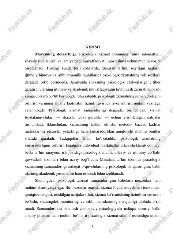 oring tizimlari bilan bog‘liq. masalan, psixologik xizmatni tashkil etish jarayonida resurslar yetishmasligi, standart metodik ishlanmalar mavjud emasligi, mutaxassislar sonining cheklanganligi va ularning malaka darajasining pastligi samaradorlikni sezilarli darajada kamaytiradi. shu bilan birga, xizmat foydalanuvchilarining ehtiyojlarini to‘liq qondira olmaslik, xizmat sifatining barqaror bo‘lmasligi va baholash tizimining yetarli darajada rivojlanmaganligi ham muhim muammolar sirasiga kiradi. ta’lim sohasida olib borilgan tadqiqotlar shuni ko‘rsatadiki, o‘quvchilarning psixologik holatini kuzatish, ular bilan individual va guruh konsultatsiyalarini olib borish, oilaviy va ijtimoiy muhit bilan integratsiyalashgan yondashuvlarni qo‘llash orqali samaradorlikni oshirish mumkin. psixologik xizmatning samaradorligini baholash va takomillashtirish jarayonida zamonaviy texnologiyalar, interfaol metodlar va innovatsion dasturlarni joriy etish muhim rol o‘ynaydi. psixologik xizmatning samaradorligini oshirishda kadrlar malakasi alohida ahamiyatga ega. mutaxassislarning psixologik bilim darajasi, amaliy tajribasi, doimiy professional rivojlanish imkoniyatlari samaradorlikni aniqlovchi asosiy omillardan biridir. mutaxassislarning yetarli bo‘lmasligi, ish yukining ortishi yoki malaka oshirish tizimlarining yetarli darajada tashkil etilmaganligi xizmat sifatini pasaytiradi. shu sababli, psixologik xizmatning samaradorligini oshirishda …