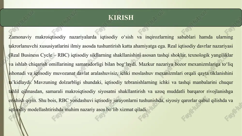 labning keskin o‘zgarishi yoki global moliyaviy oqimlardagi tebranishlar milliy iqtisodiyotga kuchli ta’sir ko‘rsatadi. eksportga bo‘lgan talabning ortishi iqtisodiy faollikni oshiradi, pasayishi esa turg‘unlikka olib kelishi mumkin. modelning asosiy tamoyillari real iqtisodiy davrlar nazariyasi bir necha muhim tamoyillarga asoslanadi. bu tamoyillar klassik iqtisodiy maktabning g‘oyalari va ratsional kutishlar nazariyasini o‘zida mujassam etadi. bozorlar to‘liq raqobatli, narxlar moslashuvchan — rbc modeli bozor mexanizmlari to‘siqsiz ishlashini faraz qiladi. narxlar va ish haqi talab hamda taklifdagi o‘zgarishlarga tezda moslashadi. bu moslashuv iqtisodiy tizimning o‘z-o‘zidan muvozanatga kelishiga sharoit yaratadi. agentlar ratsional qarorlar qabul qiladi — uy xo‘jaliklari va firmalar mavjud ma’lumotlarga asoslanib, uzoq muddatli manfaatlarini ko‘zlab optimal qarorlar qabul qiladi. hech qanday tizimli xatolar yoki psixologik og‘ishlar nazarda tutilmaydi. iqtisodiy sikllar tabiiy jarayon sifatida yuzaga keladi — rbc nazariyasiga ko‘ra, sikllar iqtisodiyotning ichki nomutanosibliklari emas, balki texnologik shoklar kabi real omillar ta’sirida paydo bo‘ladi. bu tebranishlar bozor mexanizmlari orqali tabiiy tarzda kechadi. davlatning faol aralashuvi …