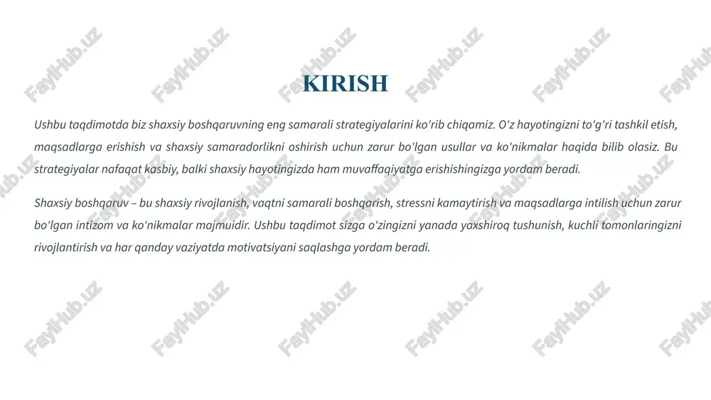 mukofotlar miyangizda ijobiy assotsiatsiyalar yaratadi va odatni mustahkamlashga yordam beradi. 6 motivatsiyani saqlash: ichki va tashqi omillar motivatsiya – bu harakatga undaydigan kuch. uni doimiy saqlab turish uchun ichki va tashqi omillarni hisobga olish muhimdir. ichki motivatsiya shaxsiy qiziqishlar va qadriyatlar. maqsadlarga erishishdan zavqlanish. o'z-o'zini rivojlantirish istagi. vazifaning mazmunli ekanligini his qilish. mustaqillik va ijodkorlikni his etish. tashqi motivatsiya maqtov va e'tirof. moddiy rag'batlantirish (mukofotlar, bonuslar). jamiyatdagi o'rin va obro'. qiyinchiliklar va raqobat. bosim va muddatlar. ichki motivatsiya uzoq muddatli va barqaror natijalarni beradi, tashqi motivatsiya esa qisqa muddatli vazifalarni bajarishda samarali bo'lishi mumkin. ularning ikkalasini ham muvozanatda ishlatish muhimdir. 7 qaror qabul qilish ko'nikmalari: tahlil va tanlov samarali qarorlar qabul qilish shaxsiy va kasbiy hayotda muvaffaqiyatga erishishning muhim qismidir. bu ko'nikmalar vaziyatni to'g'ri tahlil qilish va eng maqbul variantni tanlashni o'z ichiga oladi. 1 natijalar 2 tanlov 3 tahlil 4 ma'lumotlar qaror qabul qilish jarayonini quyidagi bosqichlarga bo'lish mumkin: …