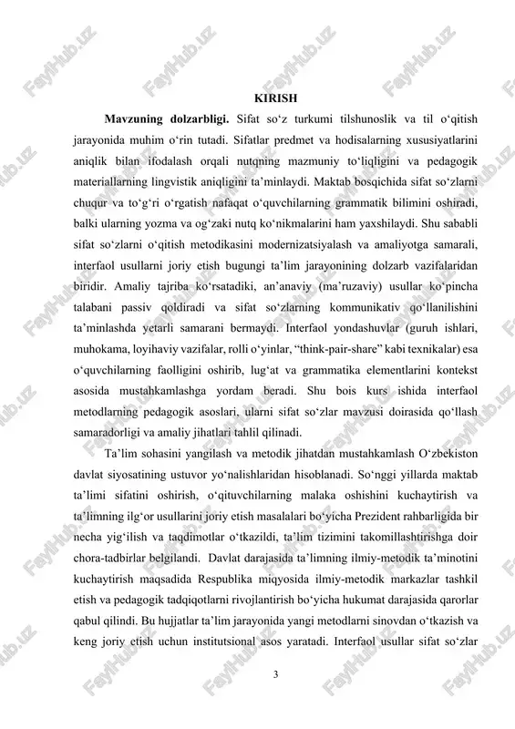 ularning pedagogik asoslarini tahlil qilish va amaliy dars namunalarini ishlab chiqish orqali o‘quv jarayonidagi samaradorlikni oshirish. kurs ishining vazifalari: · sifat so‘zlarning nazariy jihatlarini tahlil qilish; · interfaol o‘qitish konseptini va ularning til oʻqitishdagi afzalliklarini qayd etish; · sifat so‘zlarni o‘rgatishda samarali interfaol metodlarni tanlab, namunaviy dars rejasini ishlab chiqish va baholash mezonlarini belgilash. kurs ishining obyekti. maktab darslarida qo‘llaniladigan metodik jarayonlar; kurs ishining predmeti. sifat so‘z turkumlarini o‘rgatishda interfaol usullarning pedagogik samaradorligi. kurs ishining tuzilishi: kirish, 2 ta bob, umumiy xulosa va foydalanilgan adabiyotlar ro‘yxatidan iborat. i-bob. sifat so‘z turkumining nazariy asoslari va interfaol o‘qitish mohiyati 1.1. sifat so‘z turkumining mazmuni va grammatik xususiyatlari interfaol o‘qitish zamonaviy pedagogika fanining asosiy yo‘nalishlaridan biri bo‘lib, o‘qituvchi va o‘quvchi o‘rtasida o‘zaro faol hamkorlikni ta’minlaydigan ta’lim jarayonini anglatadi. bu yondashuvda o‘quvchi bilimni tayyor holda qabul qilmaydi, balki uni o‘zi izlaydi, tahlil qiladi, solishtiradi va mustaqil xulosa chiqaradi. interfaol metodlar asosida tashkil etilgan darslarda …
