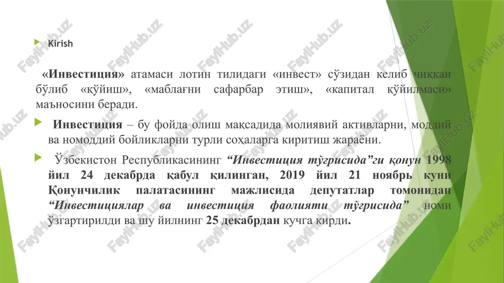 lib chiqish manbasiga ko‘ra: 1. ichki investitsiyalar — mamlakat ichidagi yuridik va jismoniy shaxslar tomonidan kiritiladigan mablag‘lar. ular iqtisodiyotning barqarorligini ta’minlashda muhim o‘rin tutadi. 2. xorijiy investitsiyalar — chet el investorlarining mamlakat iqtisodiyotiga kiritgan kapitali. ular yangi texnologiyalar, tajriba va xalqaro bozorlarga chiqish imkonini beradi. mulk shakliga ko‘ra: 1. davlat investitsiyalari — davlat byudjeti, xalqaro kreditlar yoki grantlar hisobidan moliyalashtiriladi. 2. xususiy investitsiyalar — tadbirkorlar, korxonalar yoki jismoniy shaxslar tomonidan amalga oshiriladi. 3. aralash investitsiyalar — davlat va xususiy sektorning hamkorligida (dxsh) amalga oshiriladi. maqsad va yo‘nalishiga ko‘ra: 1. asosiy kapitalga investitsiyalar — ishlab chiqarish binolari, inshootlar va uskunalarni yangilashga yo‘naltiriladi. 2. moliyaviy investitsiyalar — aksiyalar, obligatsiyalar va depozitlarga kiritilgan mablag‘lar. 3. innovatsion investitsiyalar — ilmiy tadqiqotlar, startaplar va texnoparklar faoliyatiga sarmoya. 4. ijtimoiy investitsiyalar — ta’lim, sog‘liqni saqlash, madaniyat va infratuzilma sohalariga yo‘naltirilgan kapital. investitsiyaning iqtisodiyotdagi o‘rni investitsiyalar har qanday mamlakat iqtisodiyotining yuragi bo‘lib, ularning ta’siri quyidagi yo‘nalishlarda namoyon …