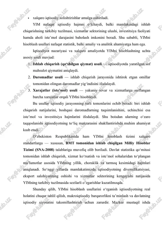 mning tarkibiy tuzilmasida sezilarli o‘zgarishlar kuzatilmoqda. shunday qilib, yimni hisoblash usullarini o‘rganish iqtisodiyotning real holatini chuqur tahlil qilish, makroiqtisodiy barqarorlikni ta’minlash va davlatning iqtisodiy siyosatini takomillashtirish uchun zarurdir. mazkur mustaqil ishda yimning mazmuni, uni hisoblashning asosiy usullari, ularning o‘zaro farqlari hamda amaliy ahamiyati batafsil yoritiladi. 1. yalpi ichki mahsulot tushunchasi va uning iqtisodiyotdagi o‘rni yalpi ichki mahsulot — bu mamlakat hududida ma’lum davr (odatda bir yil) davomida yaratilgan barcha yakuniy tovarlar va xizmatlarning bozor qiymati. yim ishlab chiqarish hajmini pul ifodasida aks ettiradi va mamlakat iqtisodiy qudratini ko‘rsatadi. yim quyidagi mezonlar orqali aniqlanadi: · ishlab chiqarish faqat mamlakat hududida amalga oshirilgan bo‘lishi kerak; · faqat yakuniy mahsulotlar hisobga olinadi (oraliq mahsulotlar ikki marta hisoblanmasligi uchun chiqarib tashlanadi); · hisoblash milliy valyutada amalga oshiriladi. yim – bu iqtisodiy tizimning “sog‘ligi”ni ko‘rsatuvchi asosiy indikator bo‘lib, uning o‘sishi mamlakatda iqtisodiy faollik ortayotganini anglatadi. zamonaviy iqtisodiy nazariya va amaliyotda yalpi ichki mahsulot (yim) tushunchasi …